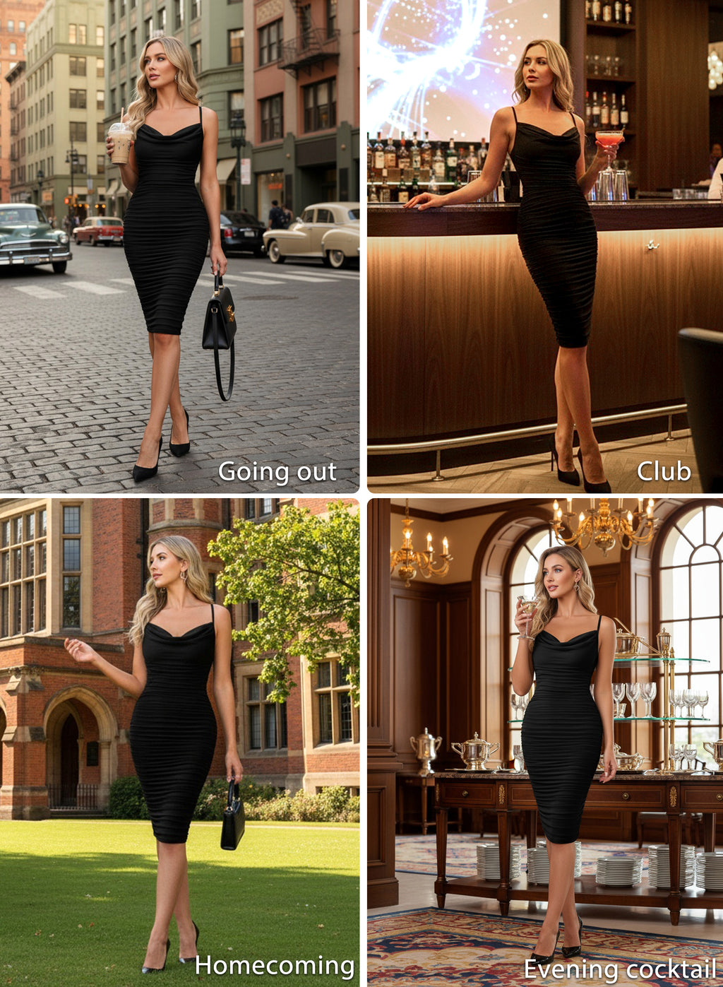 VFSHOW Womens 2025 Spaghetti Strap Ruched Bodycon Cocktail Dress Sexy Cowl Neck Backless Fitted Wedding Guest Party Dresses