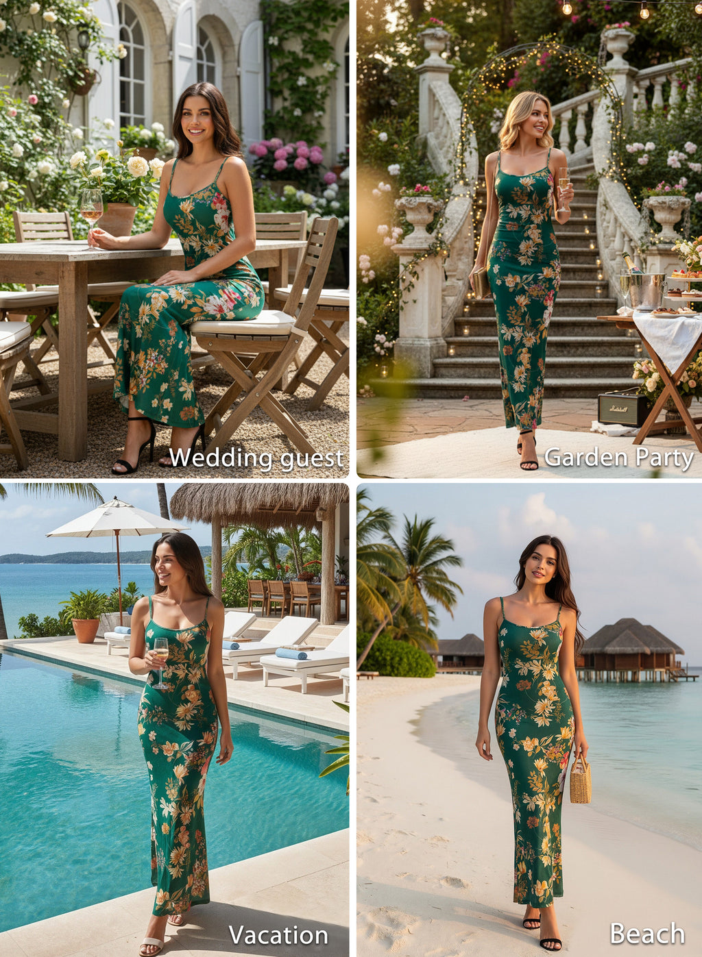 VFSHOW Womens Spaghetti Strap Wedding Guest Cocktail Bodycon Maxi Dress | Sexy Floral Printed Mesh, 2026 Summer Casual Beach Vacation, Date Night Party Slip Long Dresses