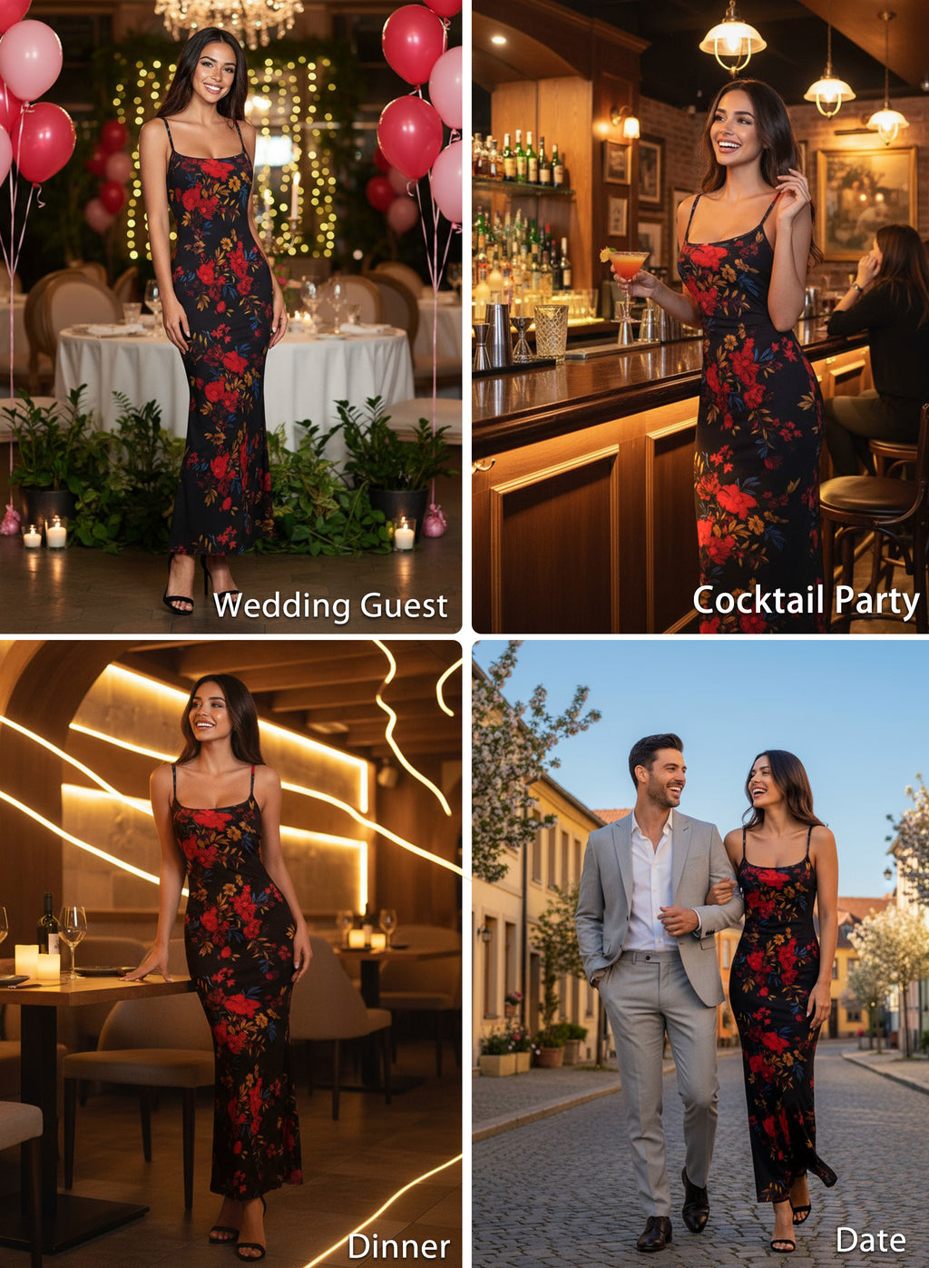 VFSHOW Womens Spaghetti Strap Wedding Guest Cocktail Bodycon Maxi Dress | Sexy Floral Printed Mesh, 2026 Summer Casual Beach Vacation, Date Night Party Slip Long Dresses