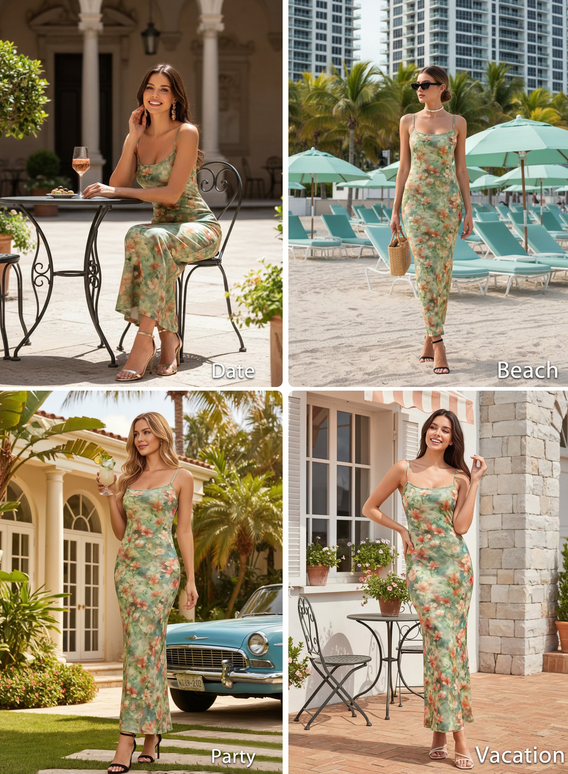 VFSHOW Womens Spaghetti Strap Wedding Guest Cocktail Bodycon Maxi Dress | Sexy Floral Printed Mesh, 2026 Summer Casual Beach Vacation, Date Night Party Slip Long Dresses
