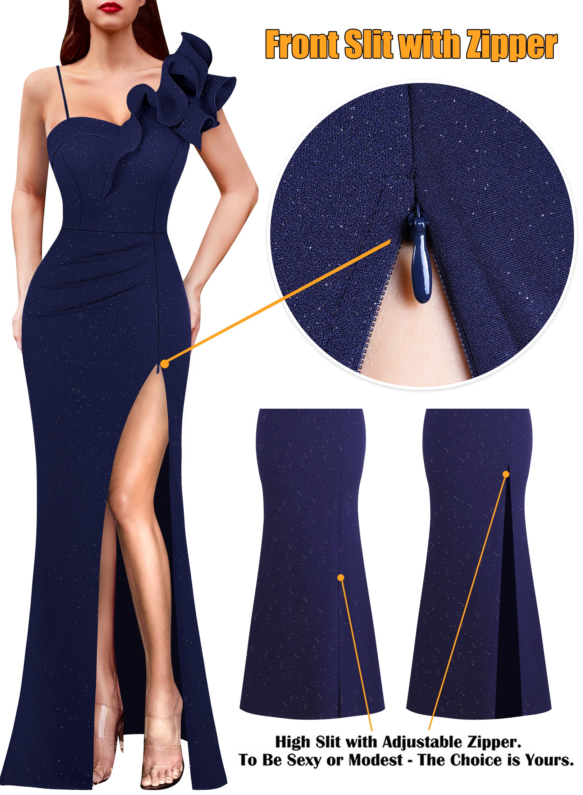 VFSHOW Womens Ruffle One Shoulder Strap Ruched Formal Prom Wedding Maxi Dress V Neck Elegant Split Cocktail Evening Long Gown