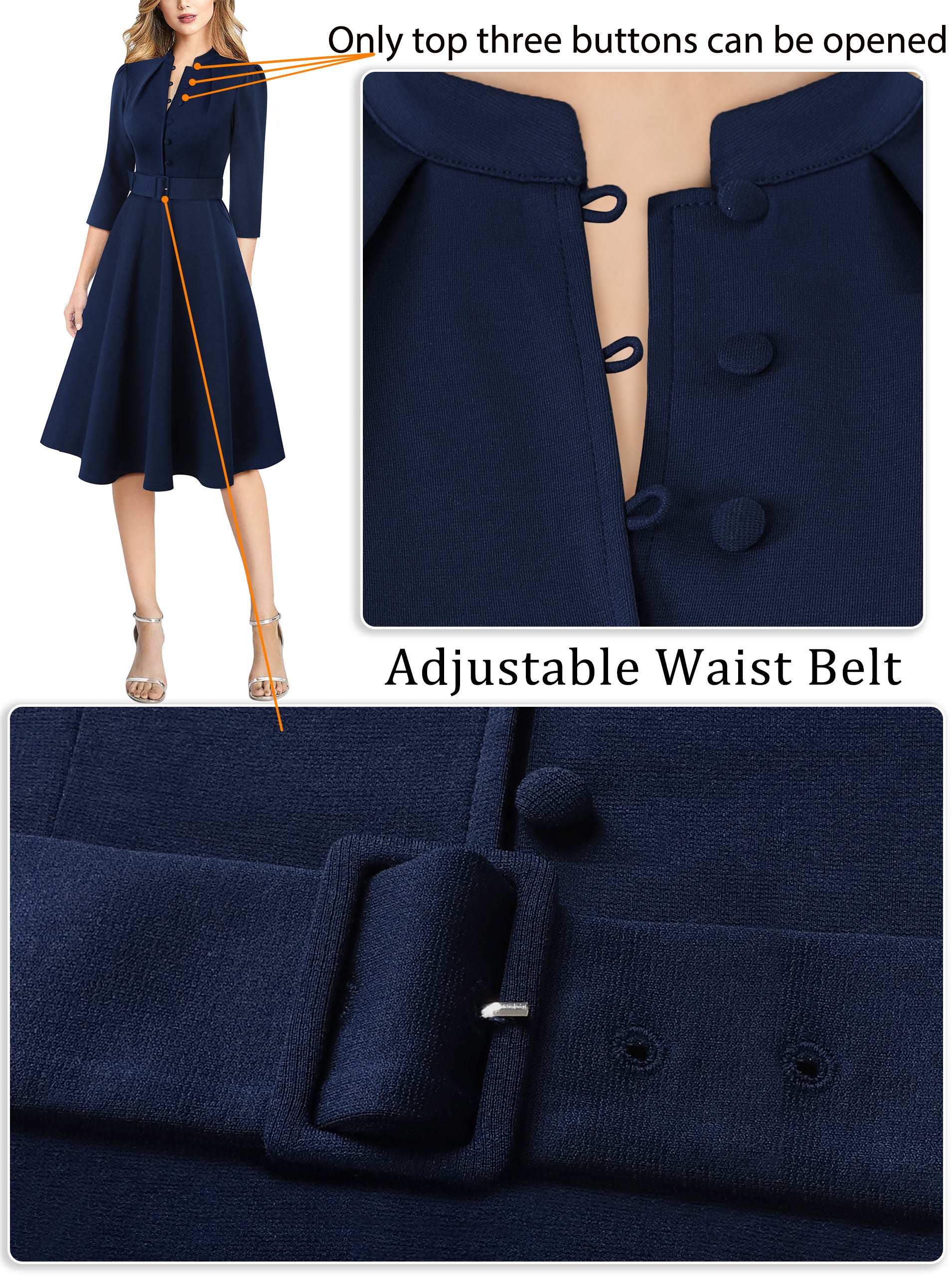 VFSHOW Womens 2024 Business Work Office 3/4 Sleeve Pockets Belted Buttons Elegant Fit and Flare A-Line Dress
