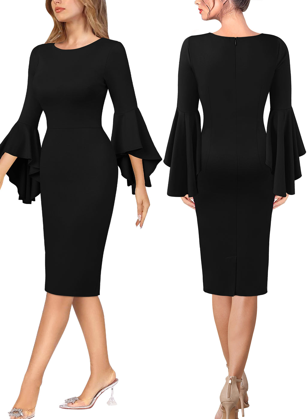 VFSHOW Womens Ruffle Bell Sleeves Cocktail Party Wedding Guest Slim Bodycon Graduation Birthday Party Pencil Sheath Dress