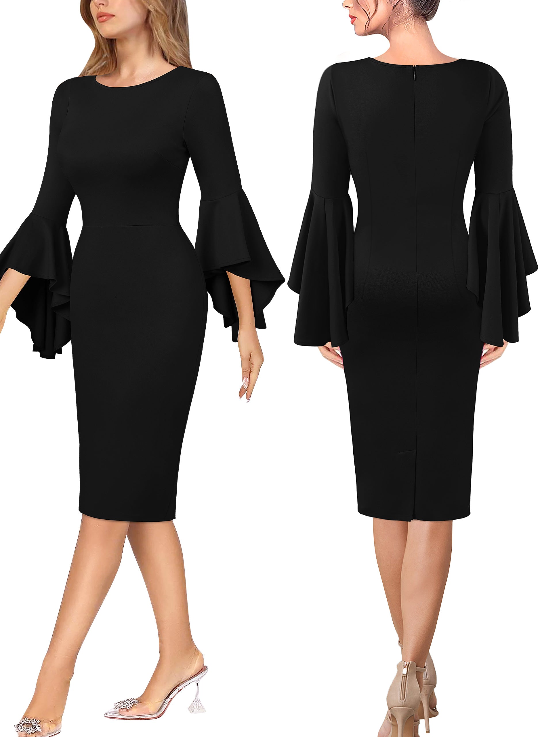 VFSHOW Womens Ruffle Bell Sleeves Cocktail Party Wedding Guest Slim Bodycon Graduation Birthday Party Pencil Sheath Dress