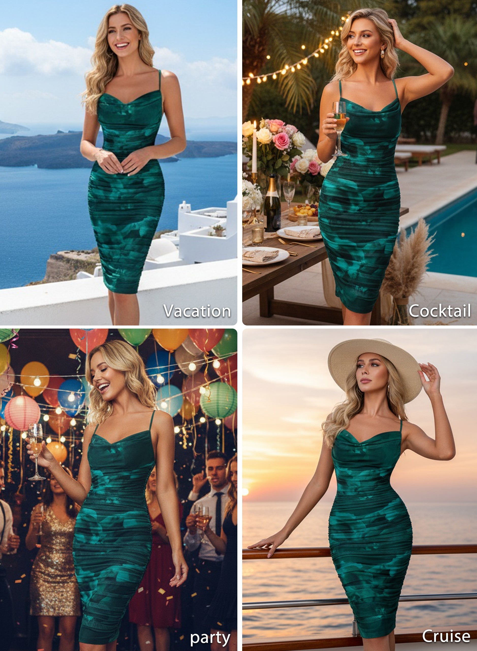 VFSHOW Womens 2025 Spaghetti Strap Ruched Bodycon Cocktail Dress Sexy Cowl Neck Backless Fitted Wedding Guest Party Dresses