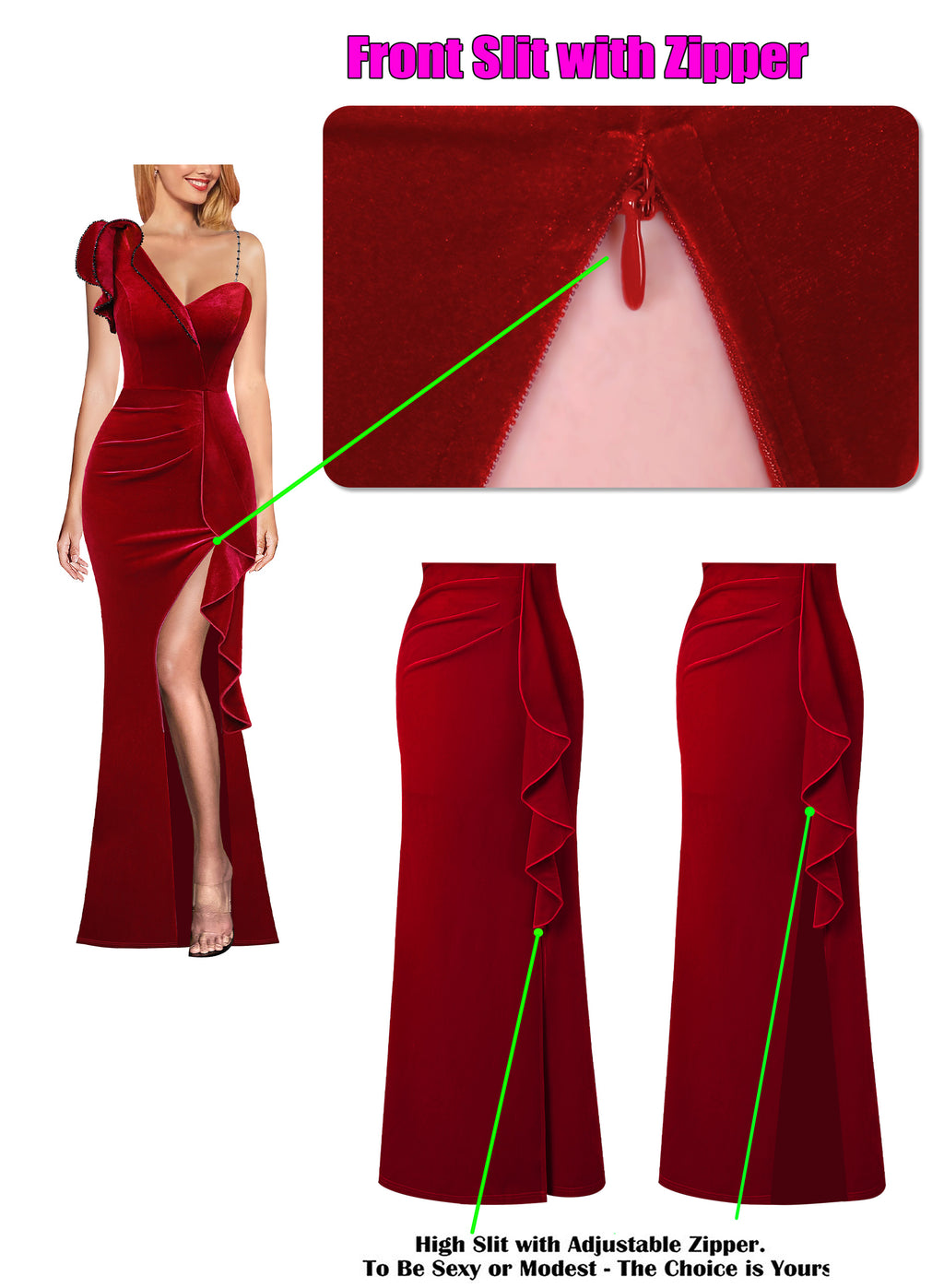 VFSHOW Womens Formal Prom Elegant Ruffle One Shoulder Beaded Strap Ruched Slit Maxi Dress Wedding Evening Long Gown