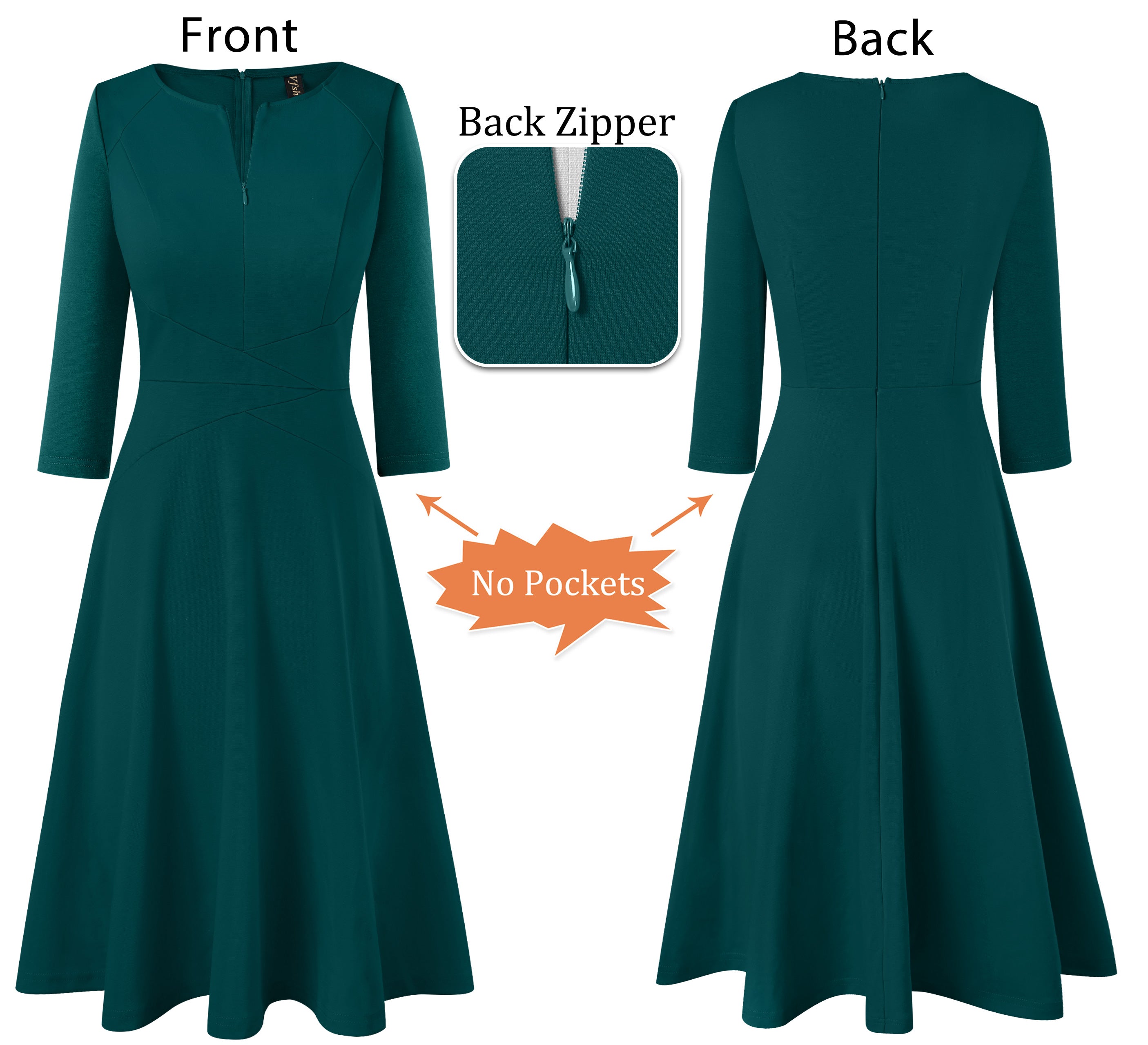 VFSHOW Womens Work Business Front Zipper A-Line Dresses 3/4 Sleeve Office Church Fit and Flare Skater Swing Knee Length Dress