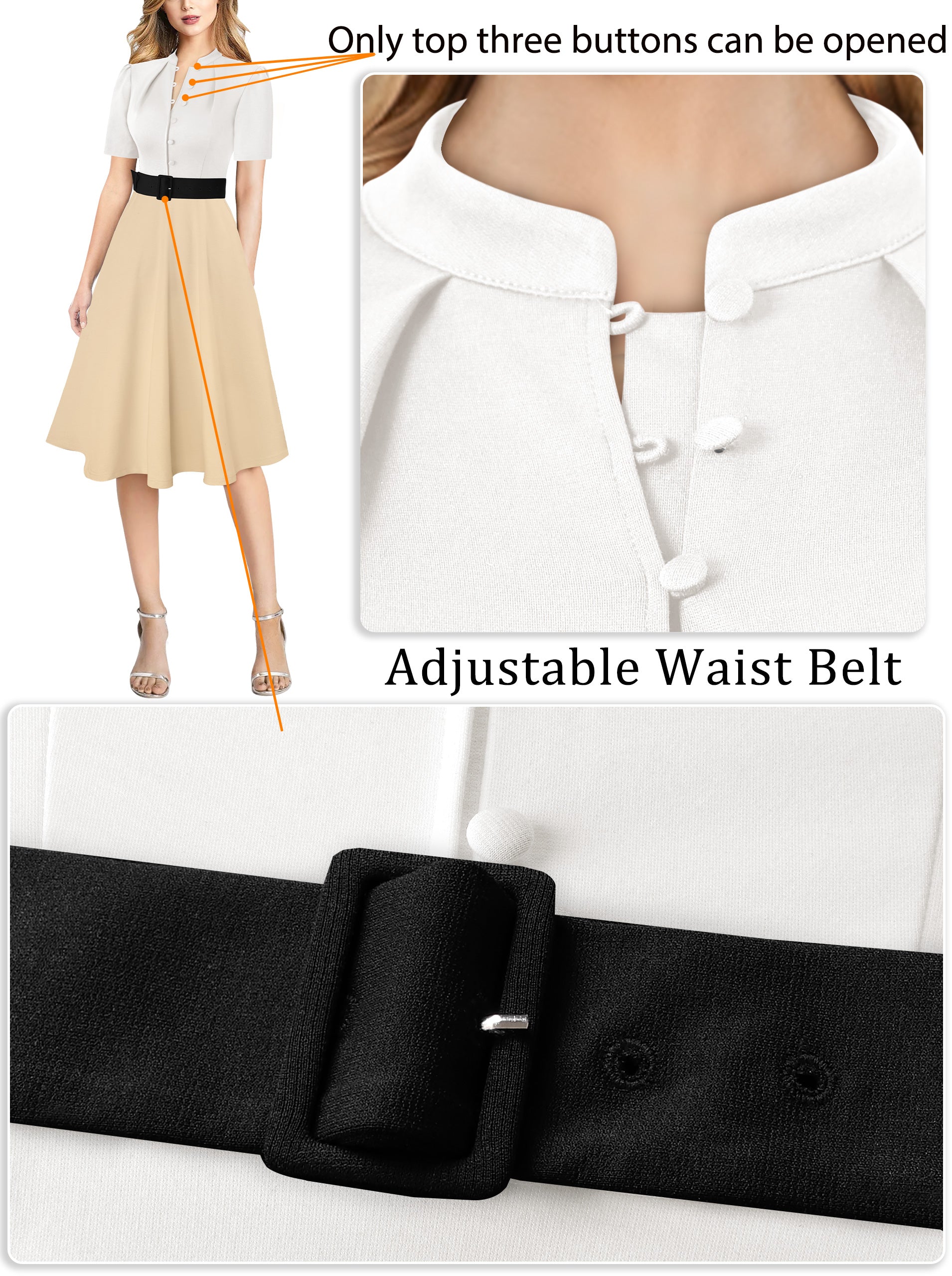 VFSHOW Womens 2024 Business Work Office Pockets Belted Buttons Elegant Fit and Flare A-Line Dress