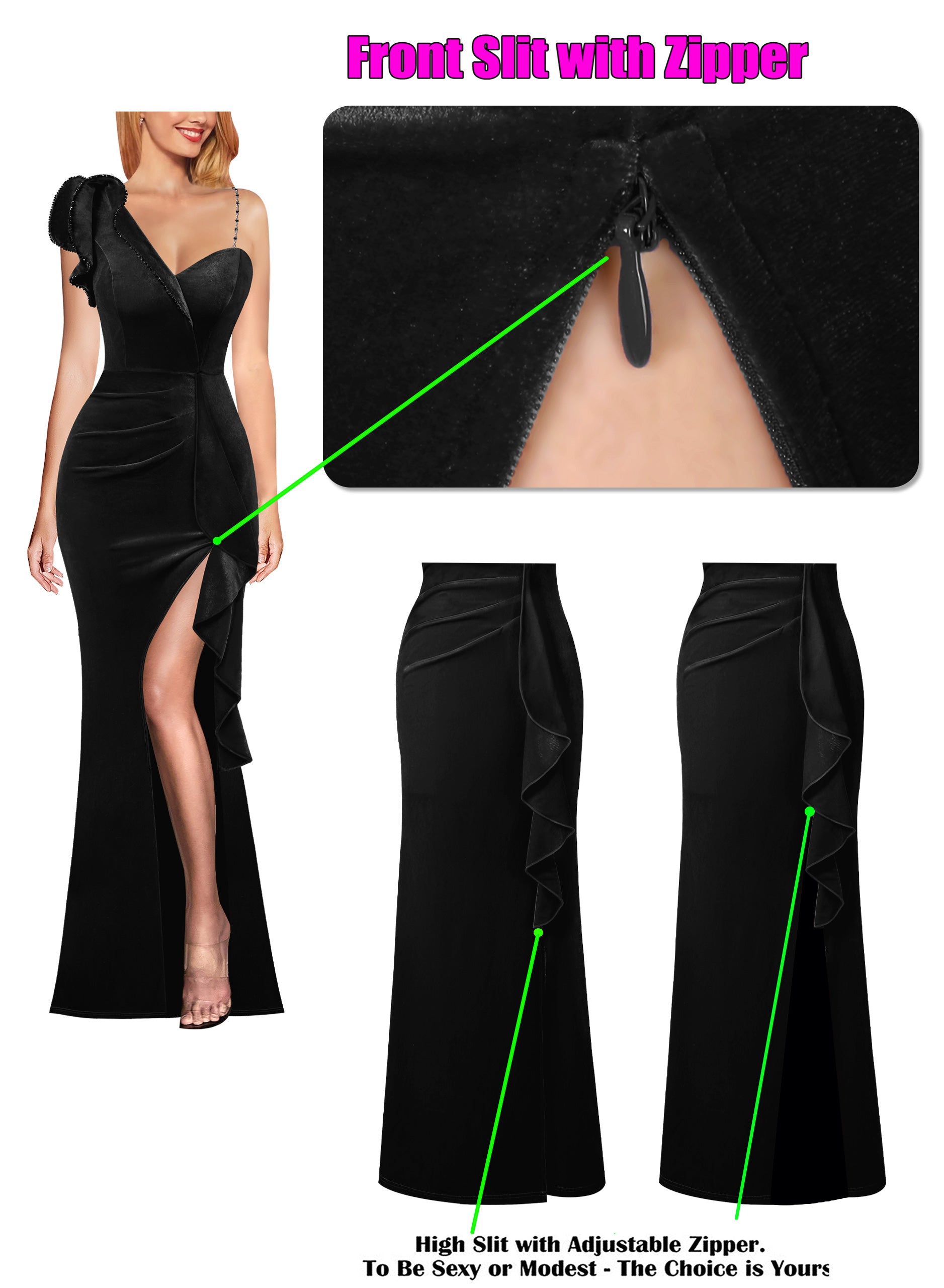 VFSHOW Womens Formal Prom Elegant Ruffle One Shoulder Beaded Strap Ruched Slit Maxi Dress Wedding Evening Long Gown