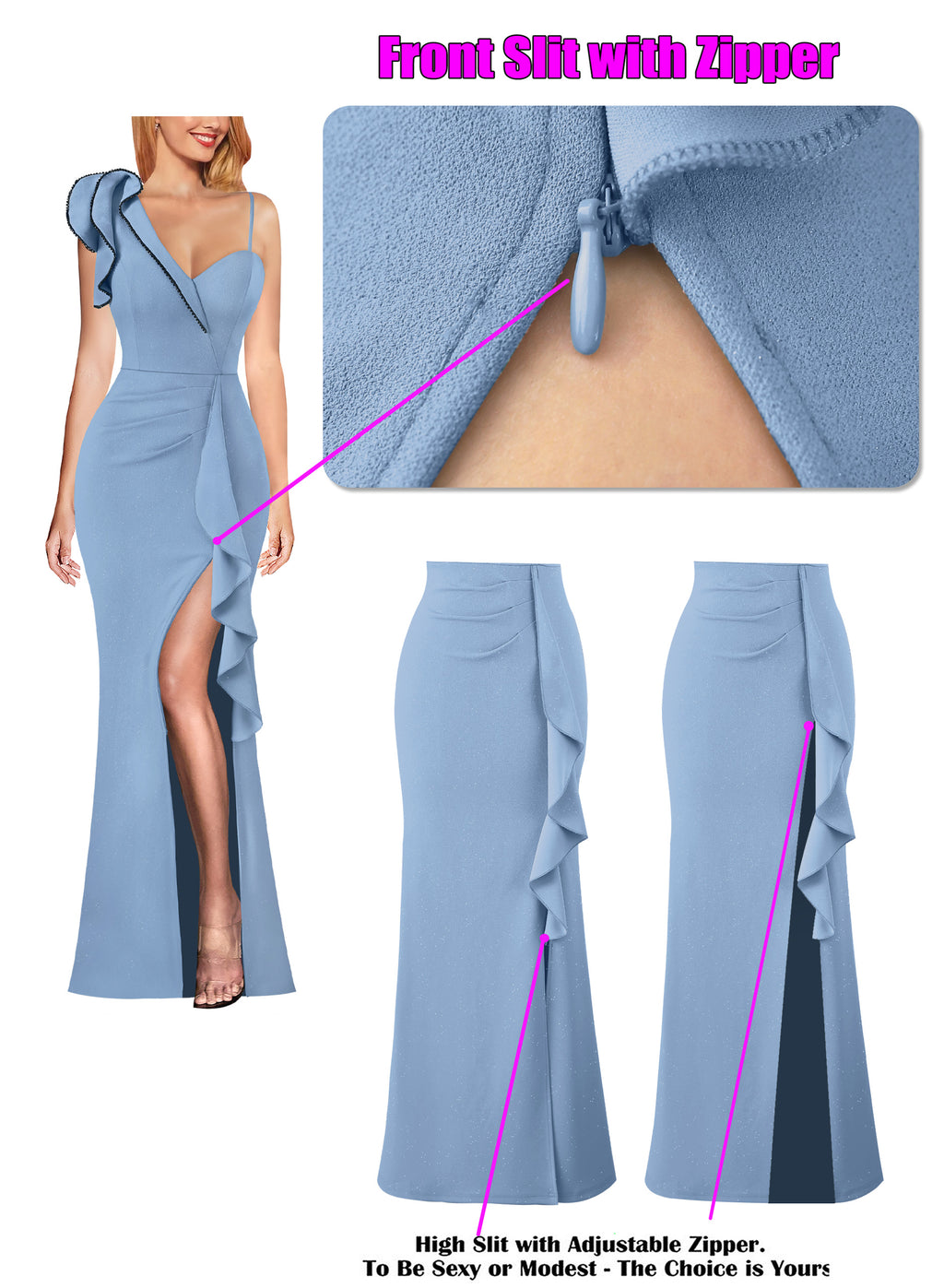 VFSHOW Womens Formal Prom Elegant Ruffle One Shoulder Beaded Strap Ruched Slit Maxi Dress Wedding Evening Long Gown