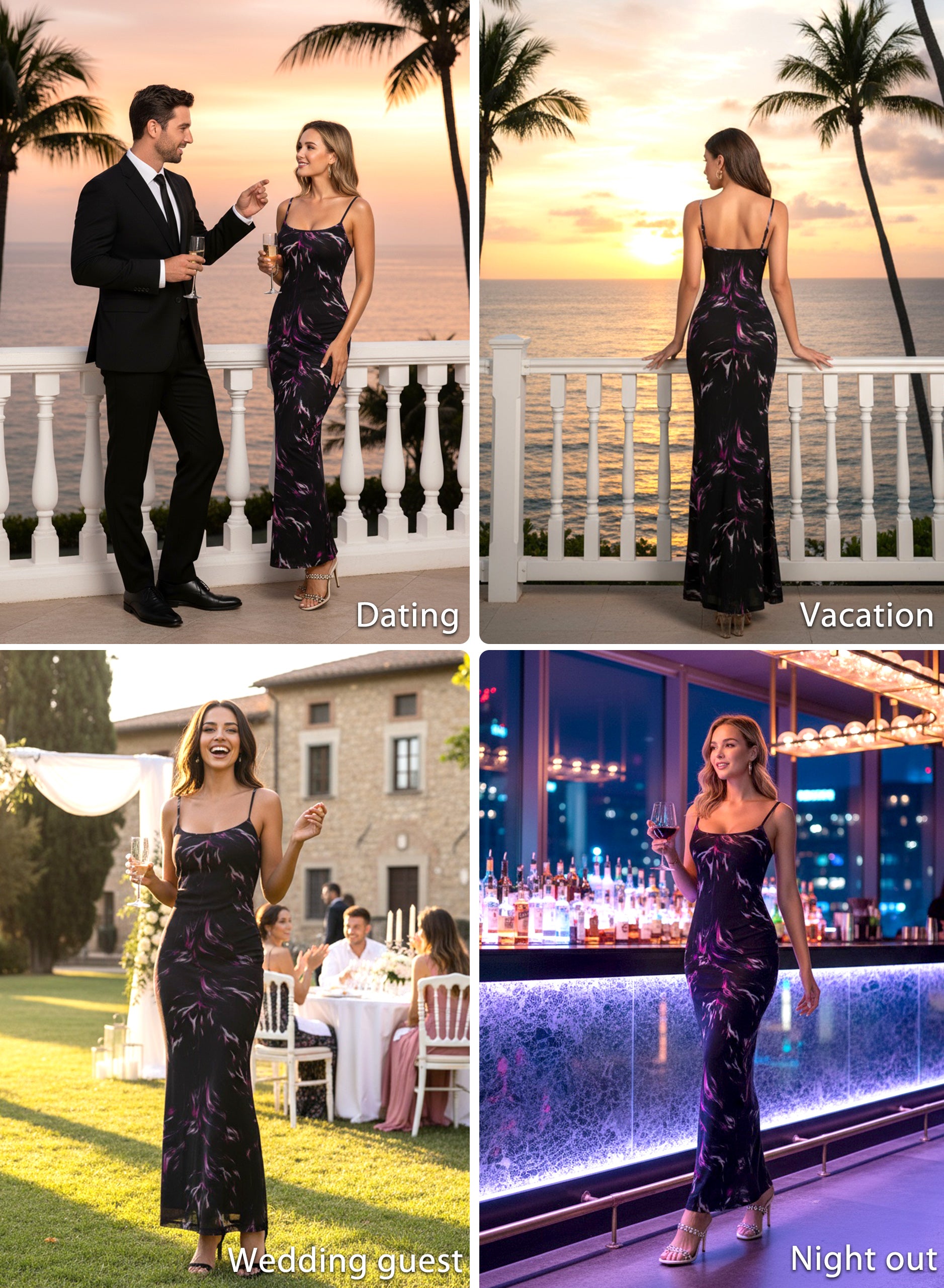 VFSHOW Womens Spaghetti Strap Wedding Guest Cocktail Bodycon Maxi Dress | Sexy Floral Printed Mesh, 2026 Summer Casual Beach Vacation, Date Night Party Slip Long Dresses