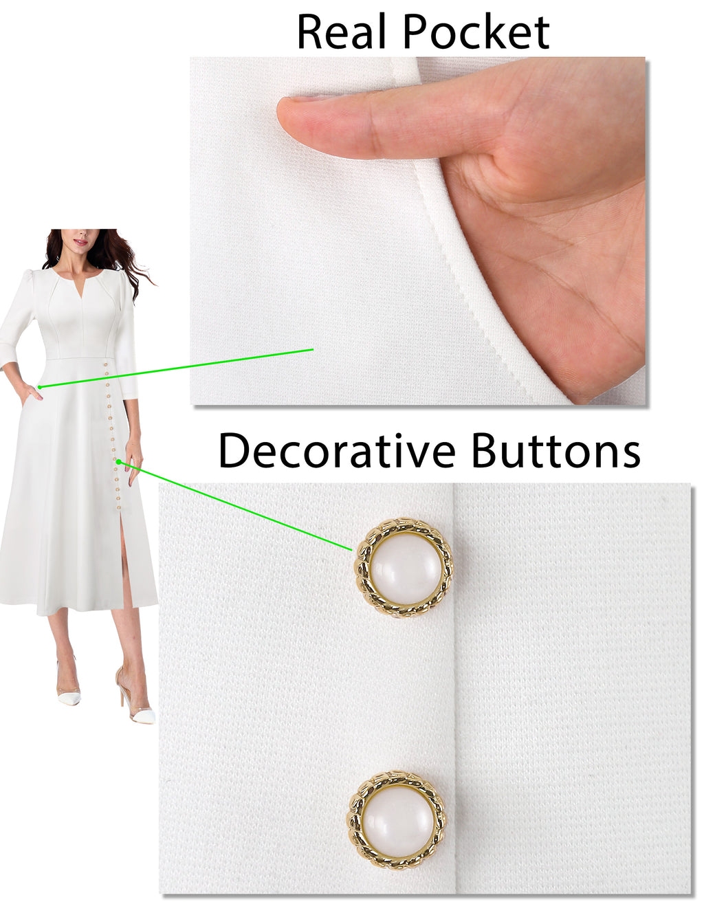 VFSHOW Women Pleated Notch V Neck Pockets Buttons Work Office Business A-Line Midi Dress