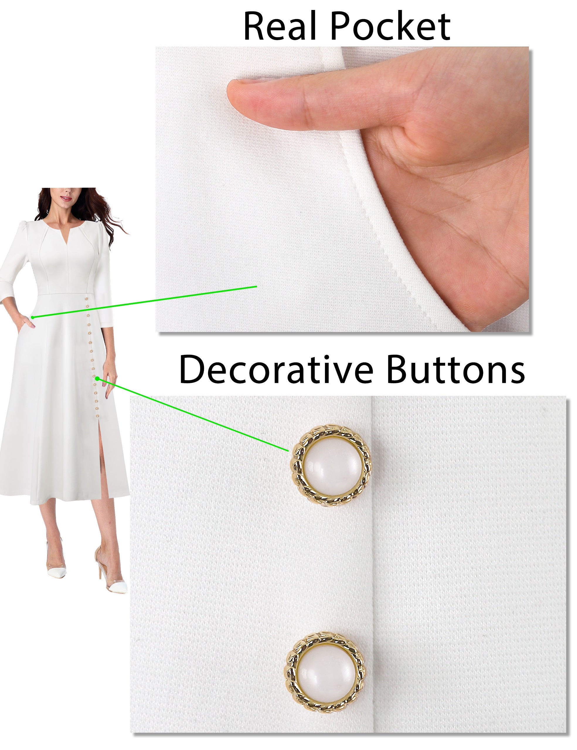 VFSHOW Women Pleated Notch V Neck Pockets Buttons Work Office Business A-Line Midi Dress