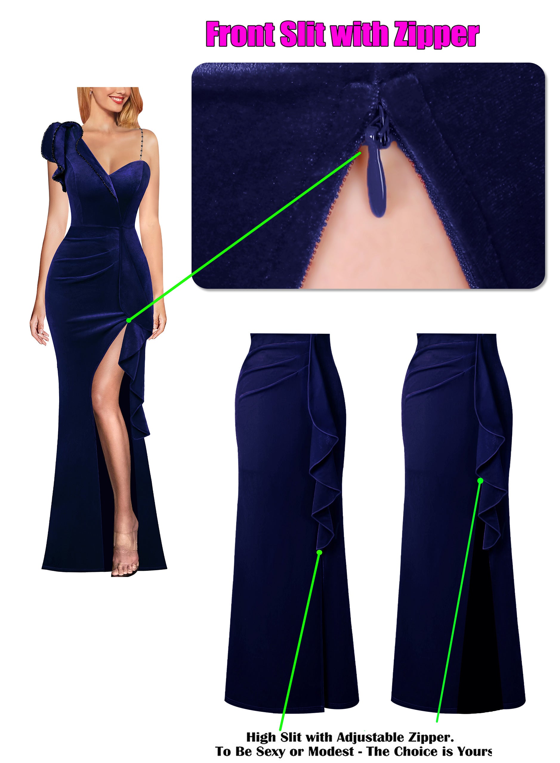 VFSHOW Womens Formal Prom Elegant Ruffle One Shoulder Beaded Strap Ruched Slit Maxi Dress Wedding Evening Long Gown