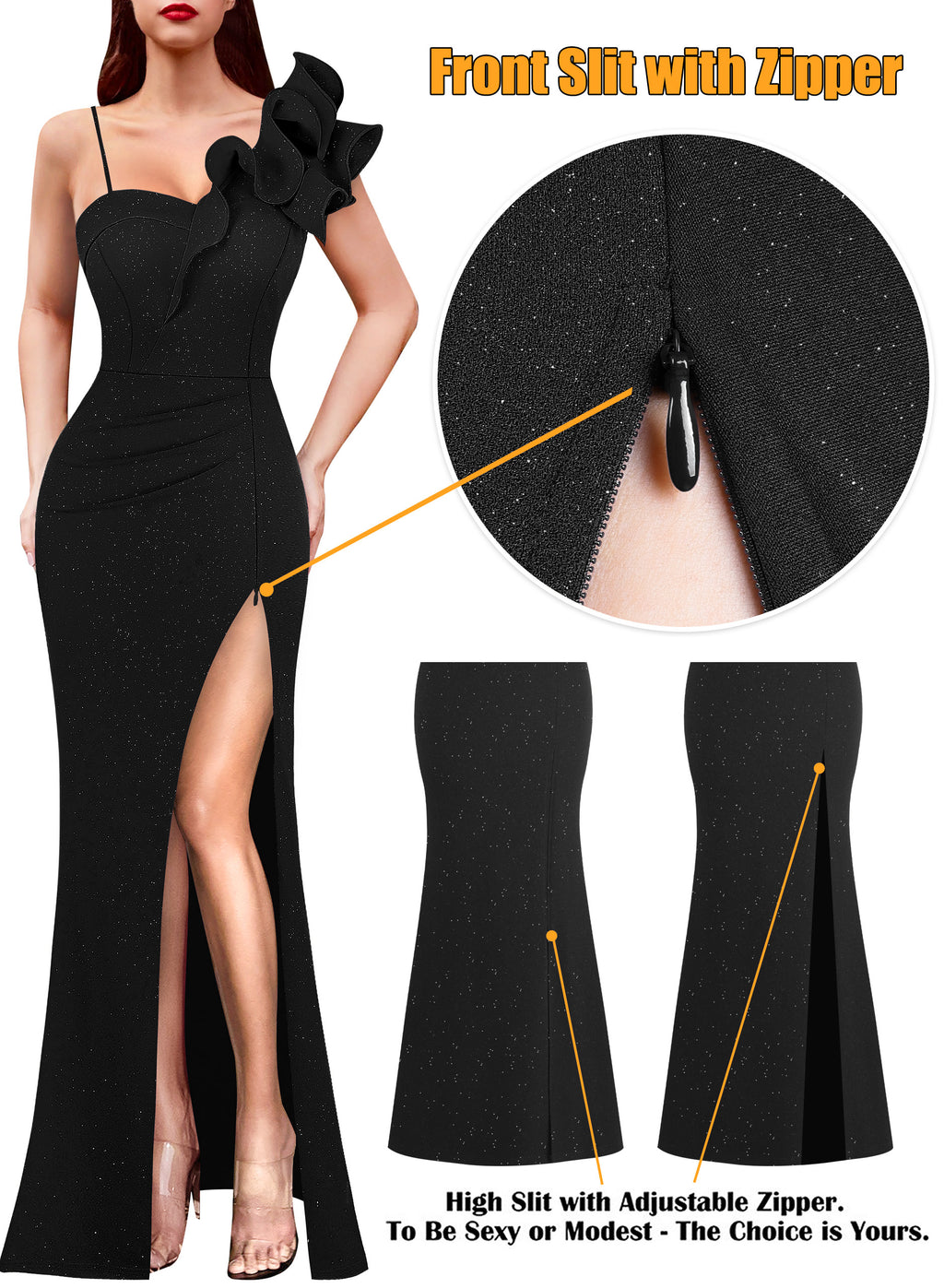 VFSHOW Womens Ruffle One Shoulder Strap Ruched Formal Prom Wedding Maxi Dress V Neck Elegant Split Cocktail Evening Long Gown