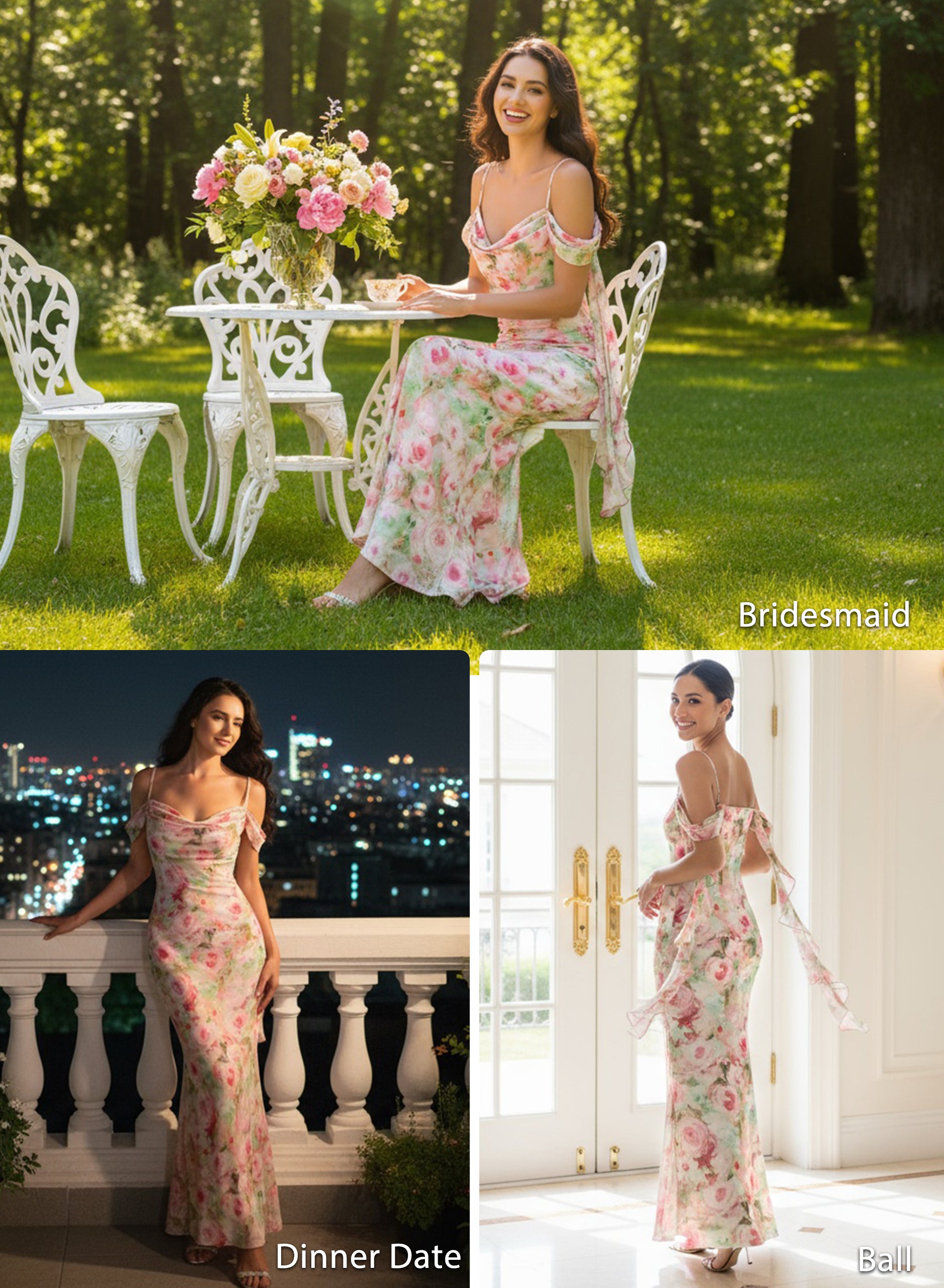 VFSHOW Womens Floral Cowl Neck Ruffle Wedding Guest Mermaid Maxi Dress | Adjustable Spaghetti Straps, Off Shoulder, Backless, Printed Mesh, Slim Bodycon, Cocktail Parties, Semi-Formal, Cruise Dinner