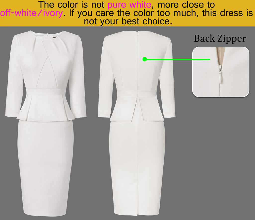VFSHOW Womens Pleated Crew Neck Peplum Work Business Office Bodycon Pencil Sheath Dress