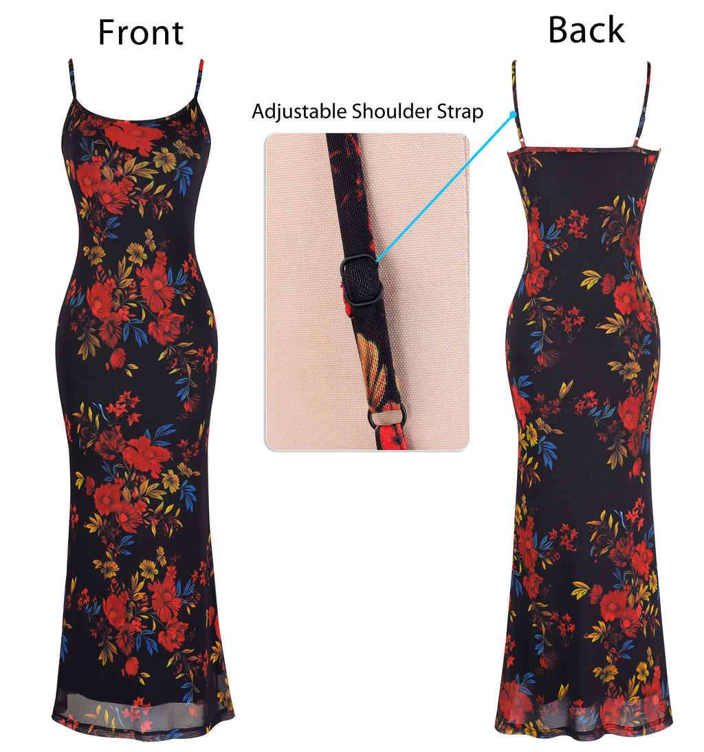 VFSHOW Womens Spaghetti Strap Wedding Guest Cocktail Bodycon Maxi Dress | Sexy Floral Printed Mesh, 2026 Summer Casual Beach Vacation, Date Night Party Slip Long Dresses