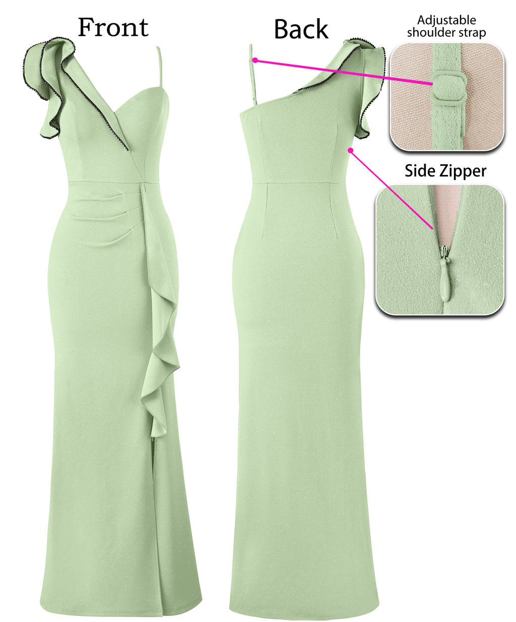 VFSHOW Womens Formal Prom Elegant Ruffle One Shoulder Beaded Strap Ruched Slit Maxi Dress Wedding Evening Long Gown