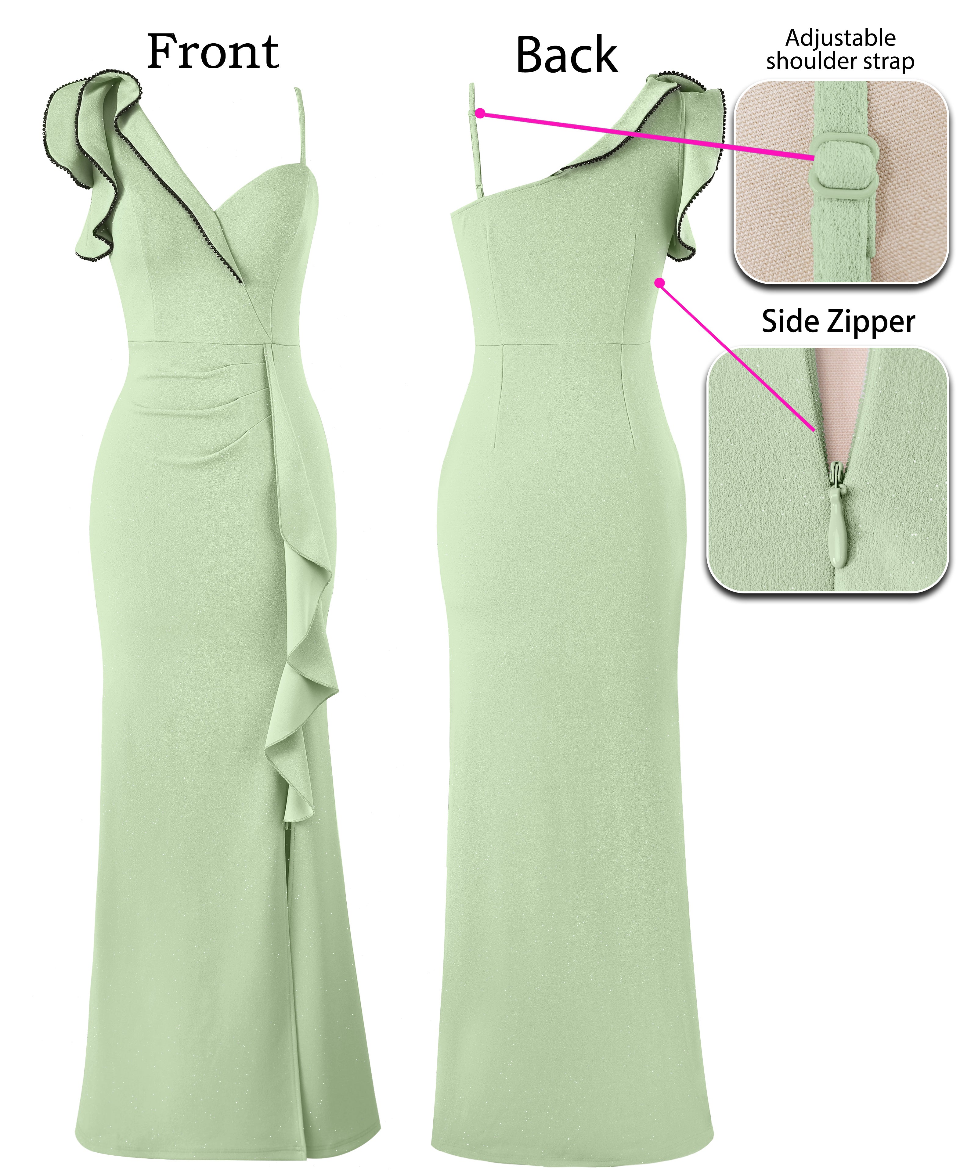 VFSHOW Womens Formal Prom Elegant Ruffle One Shoulder Beaded Strap Ruched Slit Maxi Dress Wedding Evening Long Gown