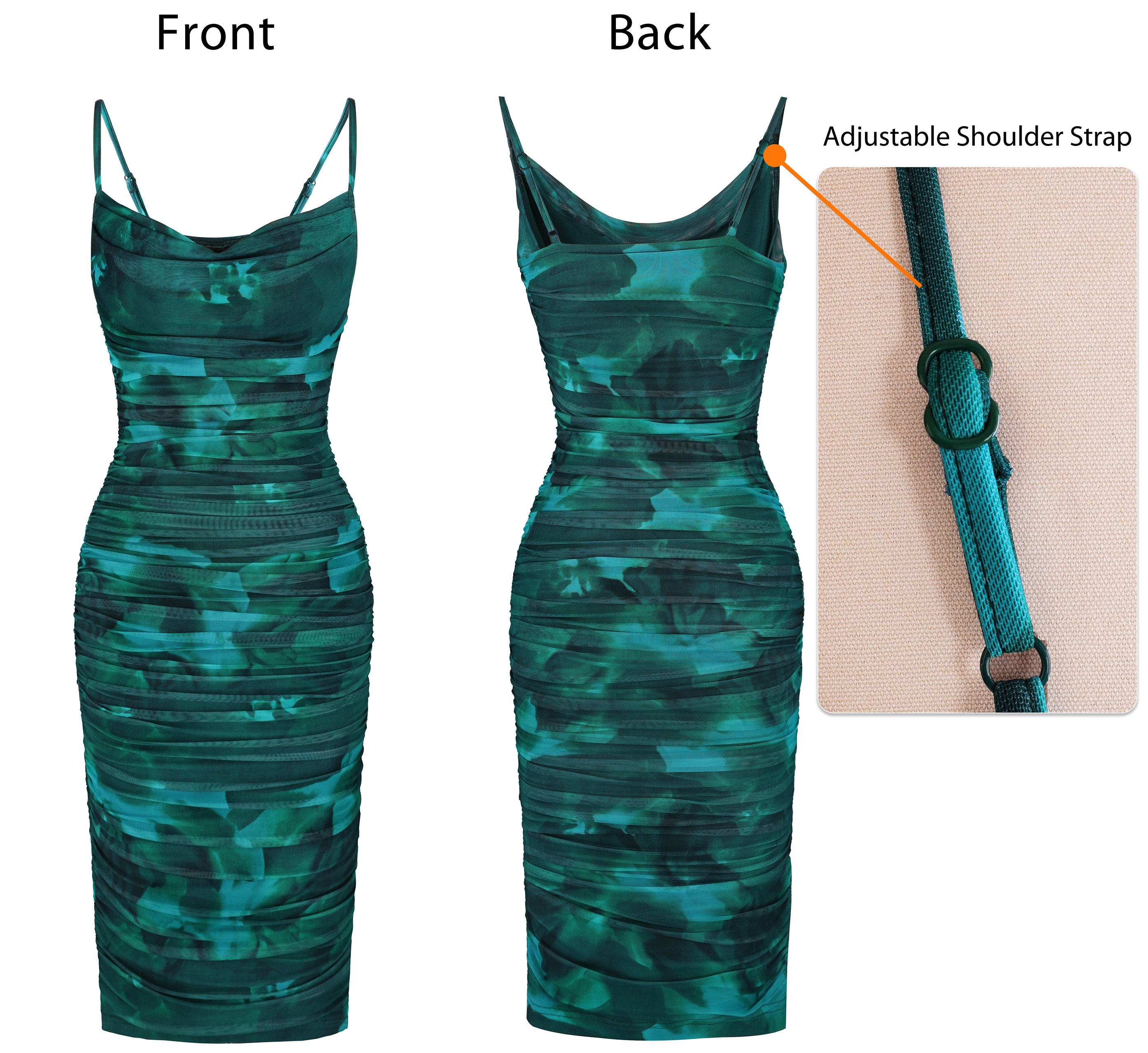 VFSHOW Womens 2025 Spaghetti Strap Ruched Bodycon Cocktail Dress Sexy Cowl Neck Backless Fitted Wedding Guest Party Dresses