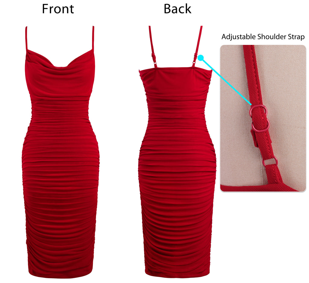 VFSHOW Womens 2025 Spaghetti Strap Ruched Bodycon Cocktail Dress Sexy Cowl Neck Backless Fitted Wedding Guest Party Dresses