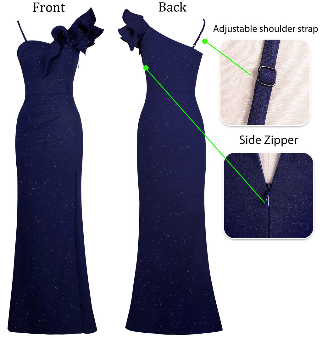 VFSHOW Womens Ruffle One Shoulder Strap Ruched Formal Prom Wedding Maxi Dress V Neck Elegant Split Cocktail Evening Long Gown