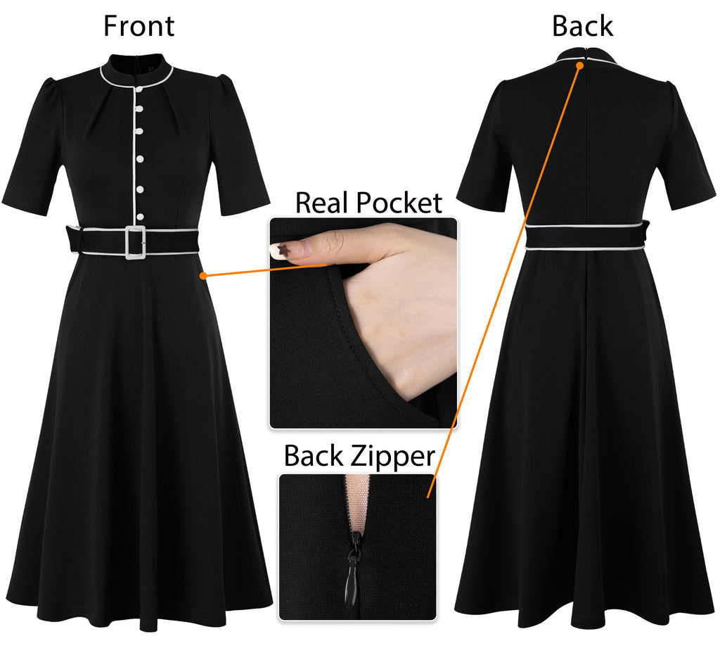 VFSHOW Womens 2024 Business Work Office Pockets Belted Buttons Elegant Fit and Flare A-Line Dress