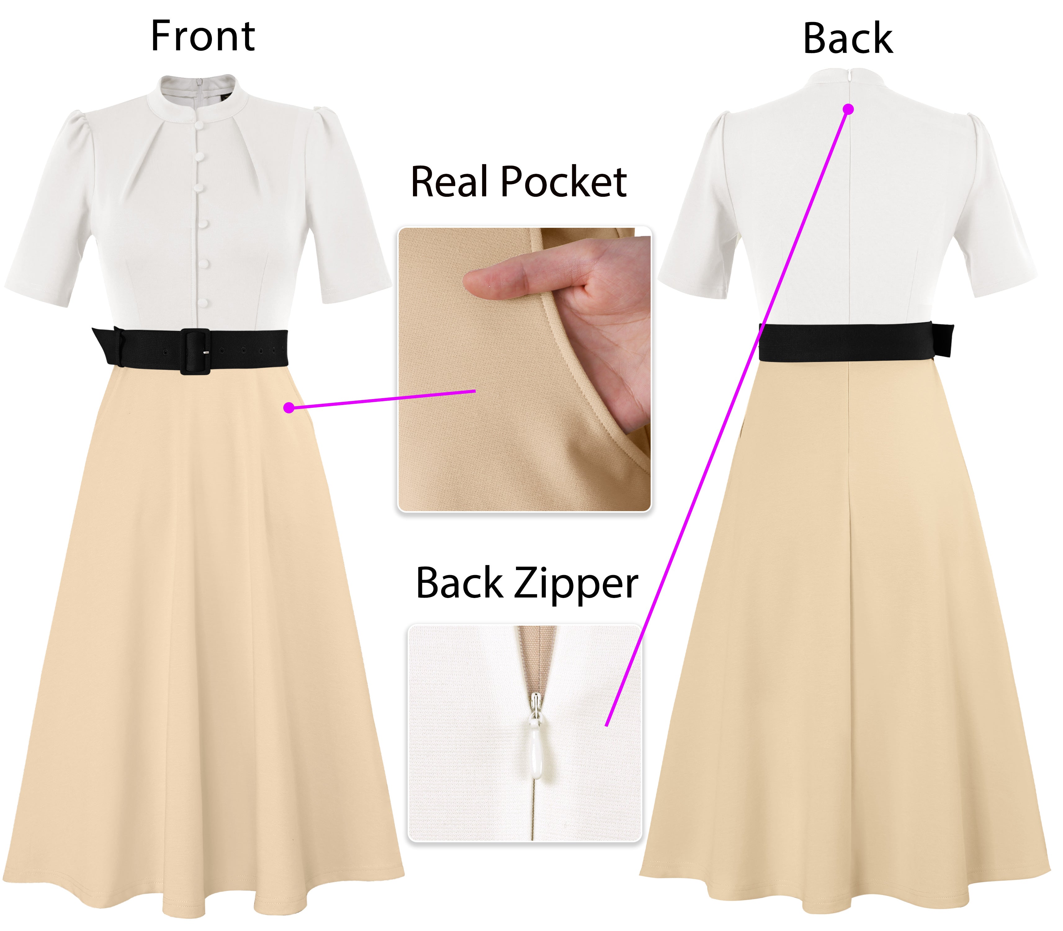 VFSHOW Womens 2024 Business Work Office Pockets Belted Buttons Elegant Fit and Flare A-Line Dress