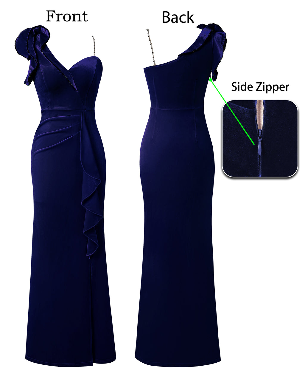 VFSHOW Womens Formal Prom Elegant Ruffle One Shoulder Beaded Strap Ruched Slit Maxi Dress Wedding Evening Long Gown
