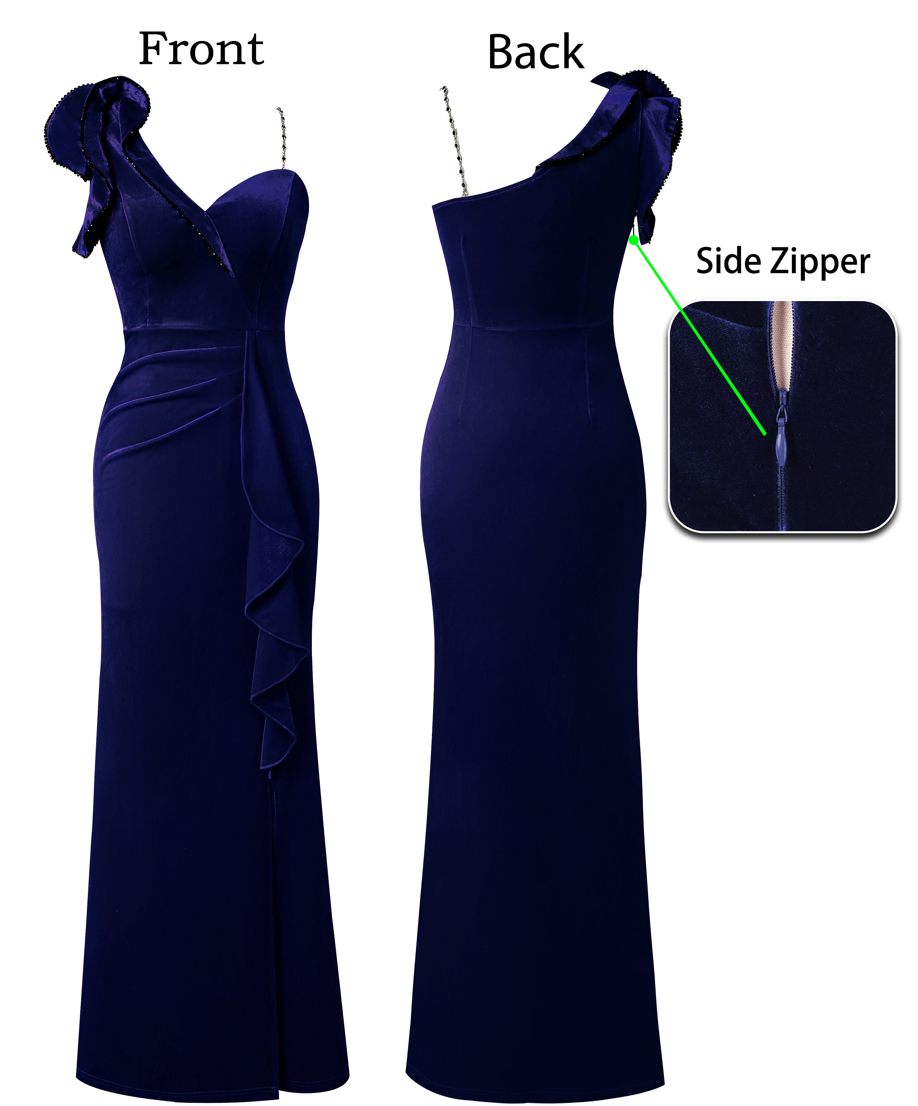 VFSHOW Womens Formal Prom Elegant Ruffle One Shoulder Beaded Strap Ruched Slit Maxi Dress Wedding Evening Long Gown