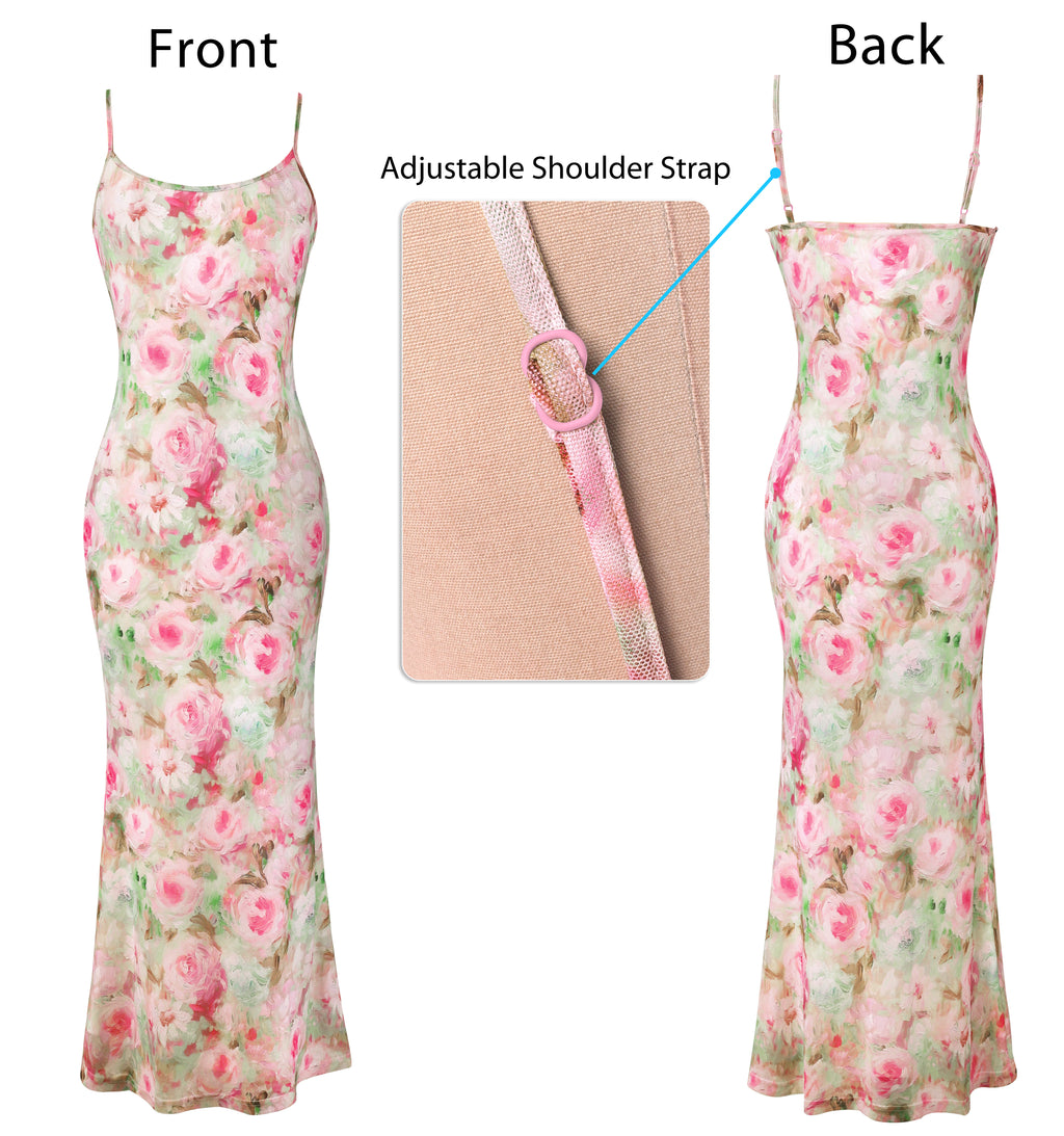 VFSHOW Womens Spaghetti Strap Wedding Guest Cocktail Bodycon Maxi Dress | Sexy Floral Printed Mesh, 2026 Summer Casual Beach Vacation, Date Night Party Slip Long Dresses