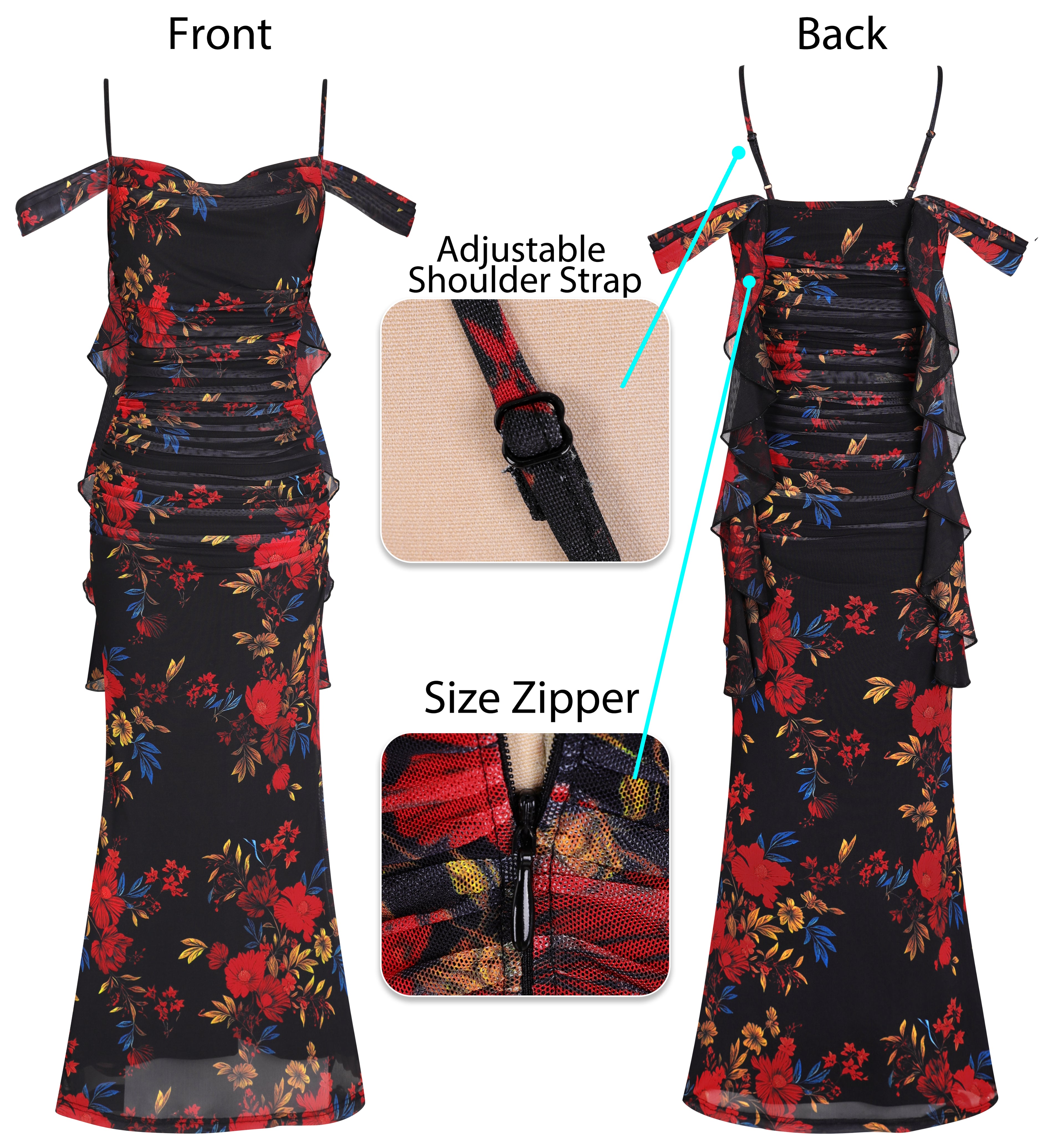 VFSHOW Womens Floral Cowl Neck Ruffle Wedding Guest Mermaid Maxi Dress | Adjustable Spaghetti Straps, Off Shoulder, Backless, Printed Mesh, Slim Bodycon, Cocktail Parties, Semi-Formal, Cruise Dinner