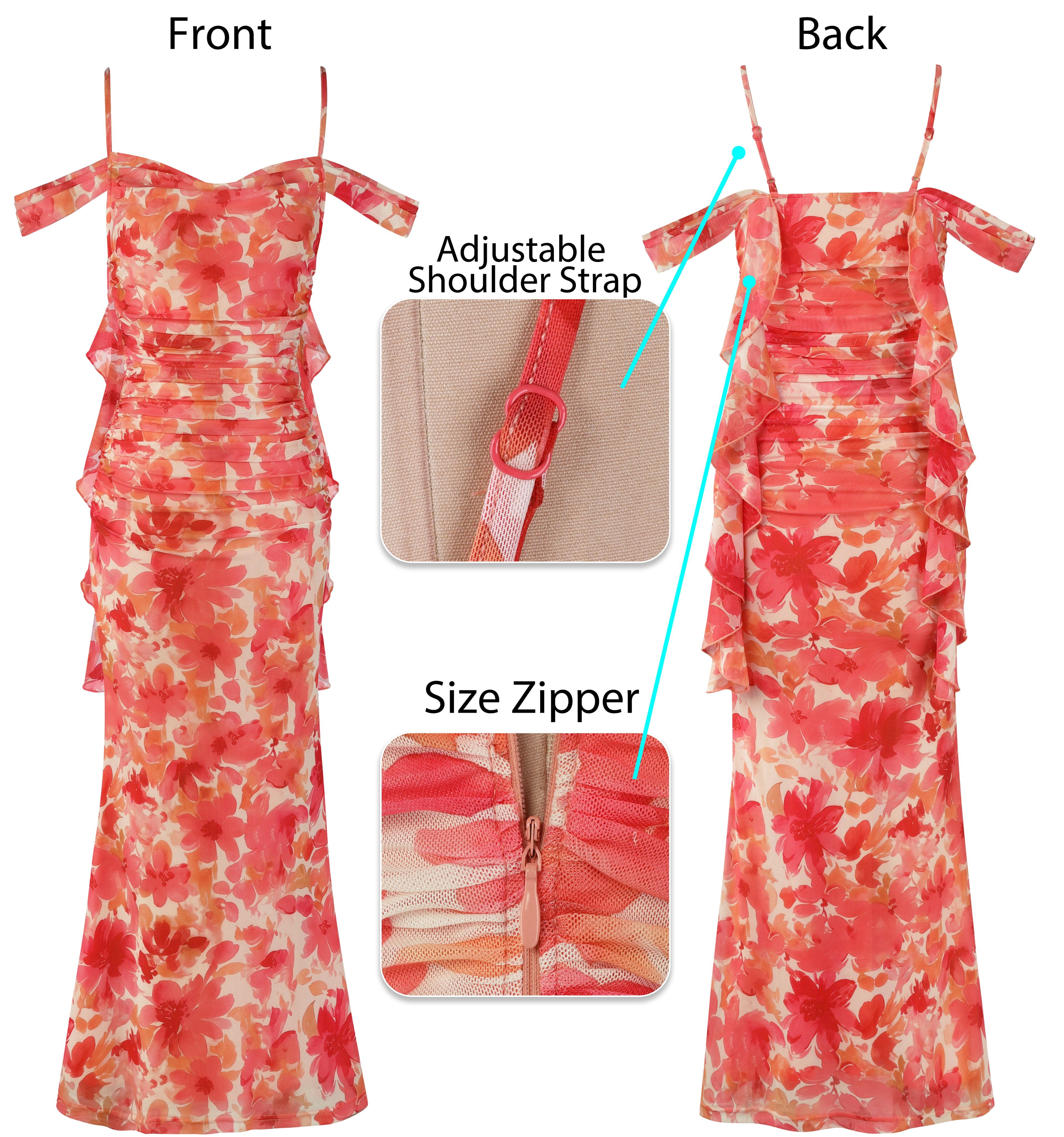 VFSHOW Womens Floral Cowl Neck Ruffle Wedding Guest Mermaid Maxi Dress | Adjustable Spaghetti Straps, Off Shoulder, Backless, Printed Mesh, Slim Bodycon, Cocktail Parties, Semi-Formal, Cruise Dinner