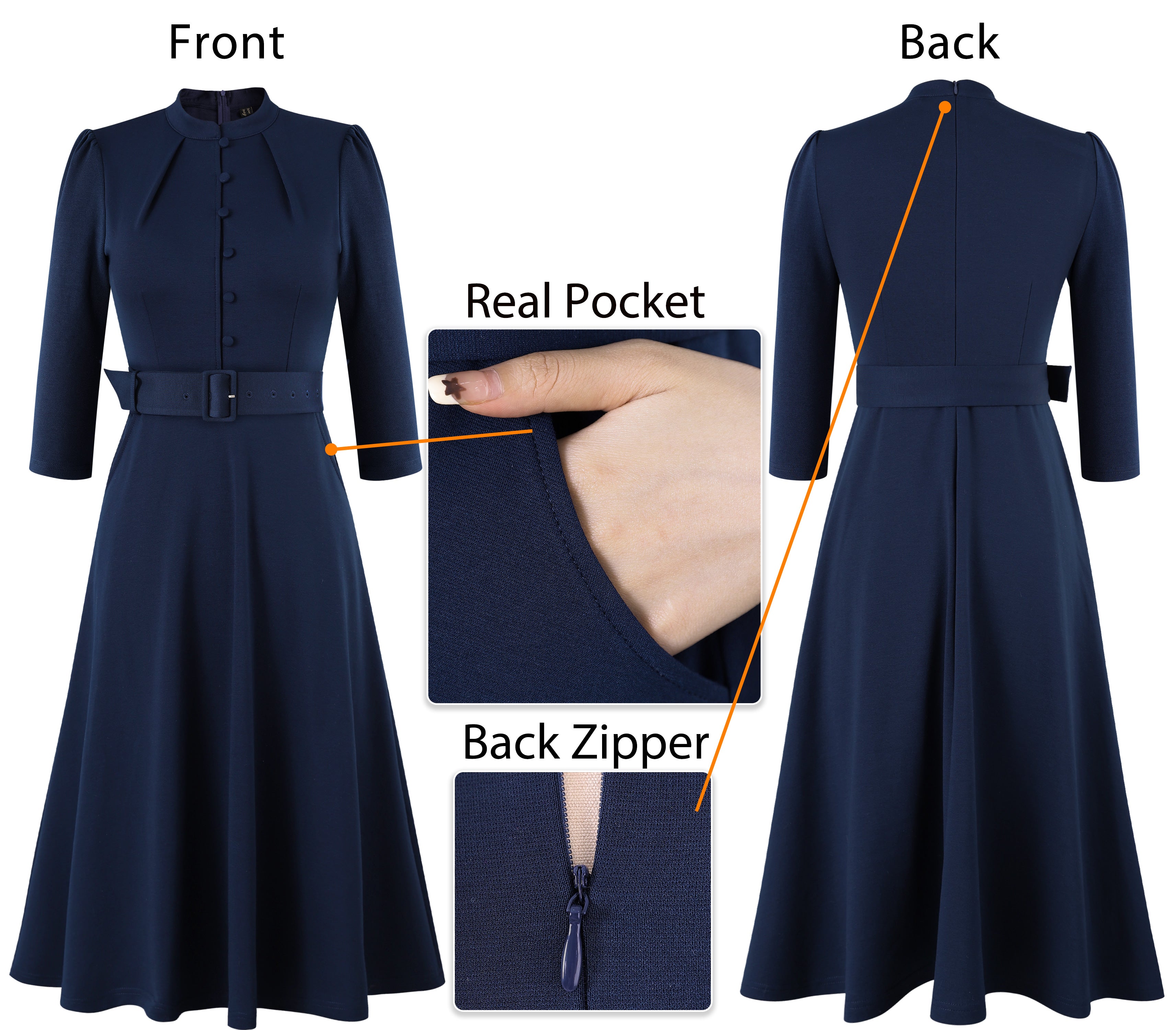 VFSHOW Womens 2024 Business Work Office 3/4 Sleeve Pockets Belted Buttons Elegant Fit and Flare A-Line Dress