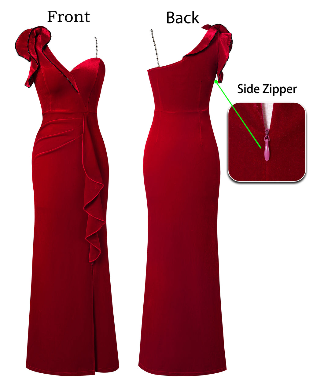 VFSHOW Womens Formal Prom Elegant Ruffle One Shoulder Beaded Strap Ruched Slit Maxi Dress Wedding Evening Long Gown