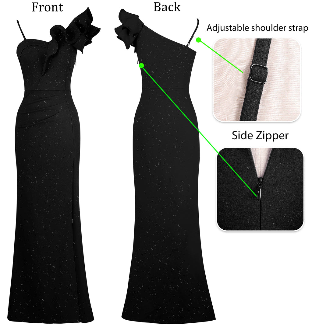 VFSHOW Womens Ruffle One Shoulder Strap Ruched Formal Prom Wedding Maxi Dress V Neck Elegant Split Cocktail Evening Long Gown
