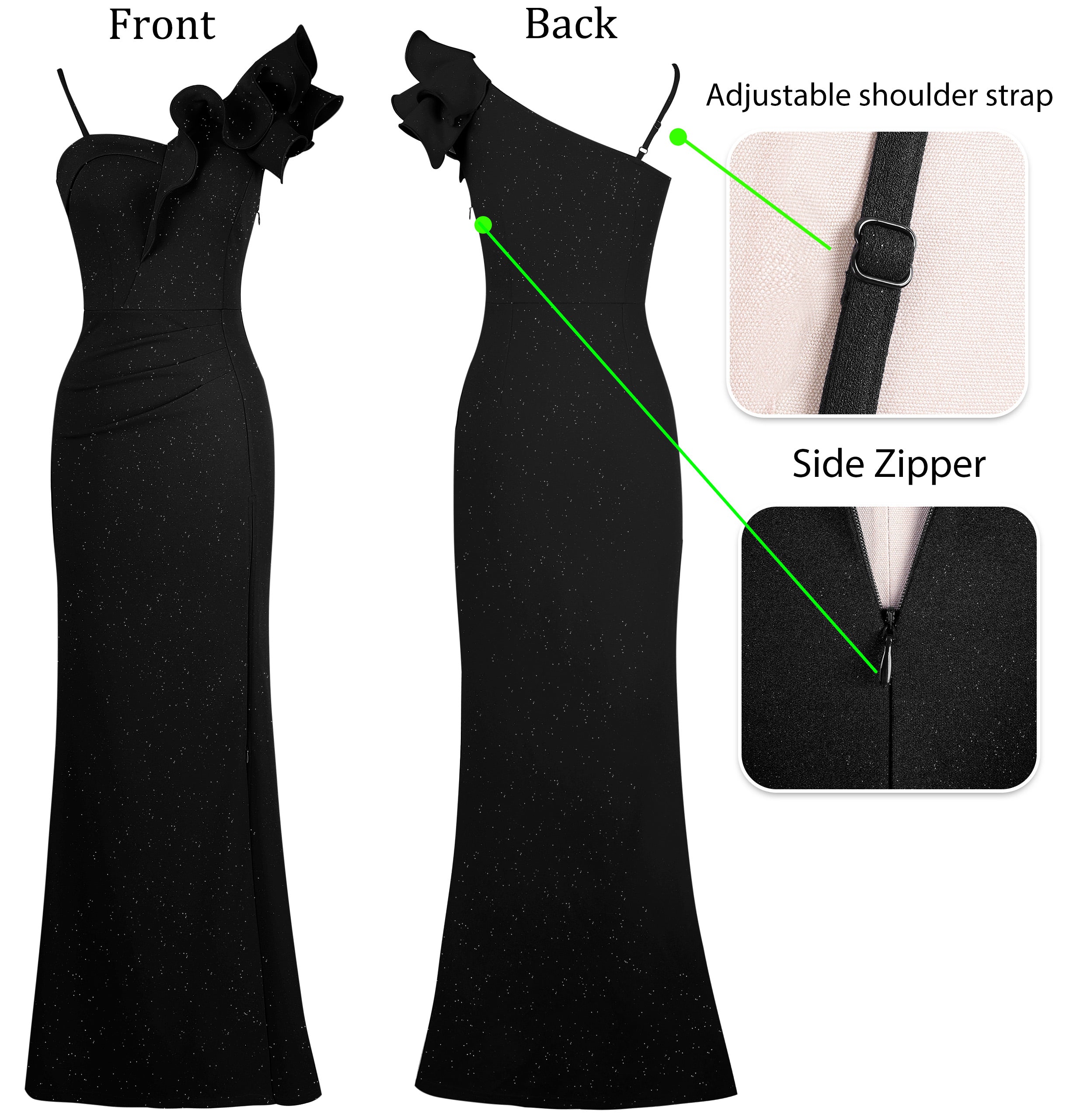 VFSHOW Womens Ruffle One Shoulder Strap Ruched Formal Prom Wedding Maxi Dress V Neck Elegant Split Cocktail Evening Long Gown