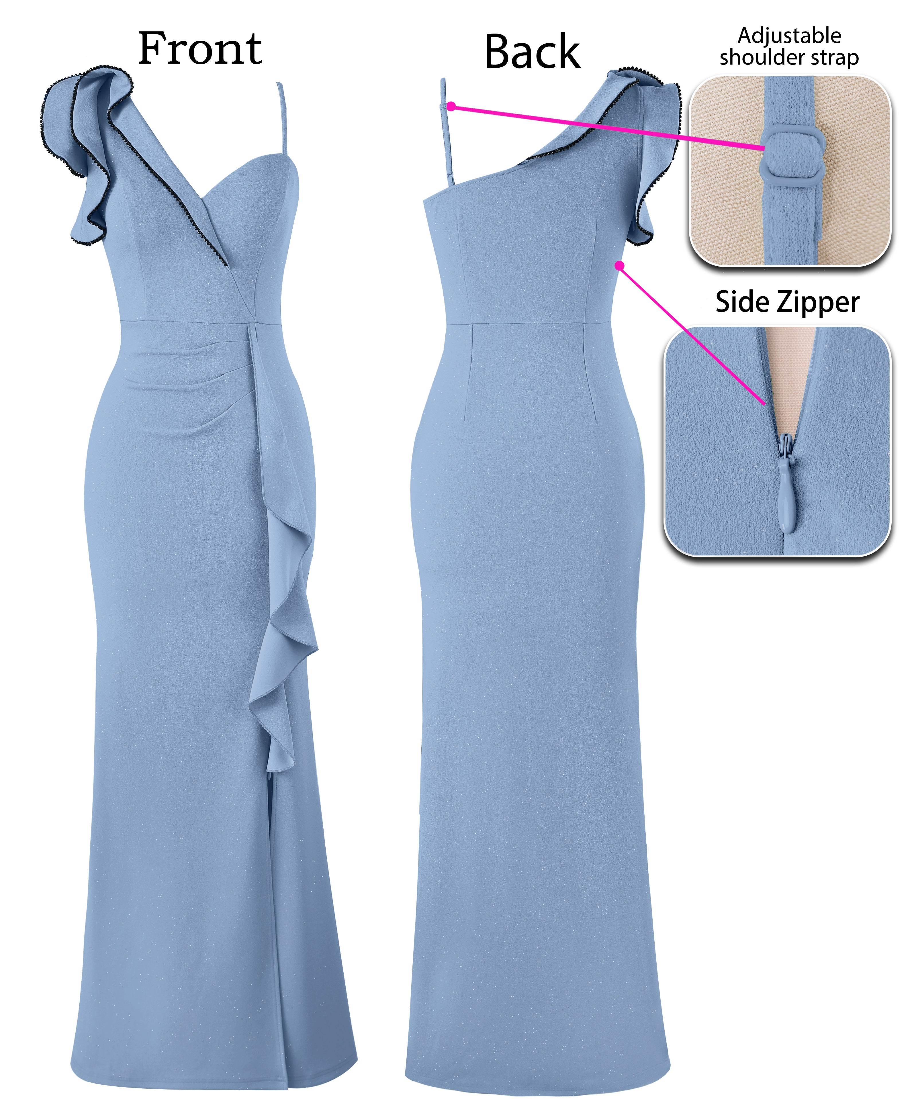 VFSHOW Womens Formal Prom Elegant Ruffle One Shoulder Beaded Strap Ruched Slit Maxi Dress Wedding Evening Long Gown