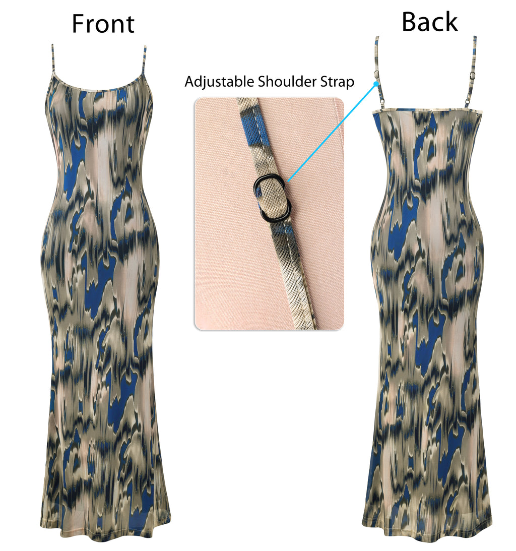 VFSHOW Womens Spaghetti Strap Wedding Guest Cocktail Bodycon Maxi Dress | Sexy Floral Printed Mesh, 2026 Summer Casual Beach Vacation, Date Night Party Slip Long Dresses