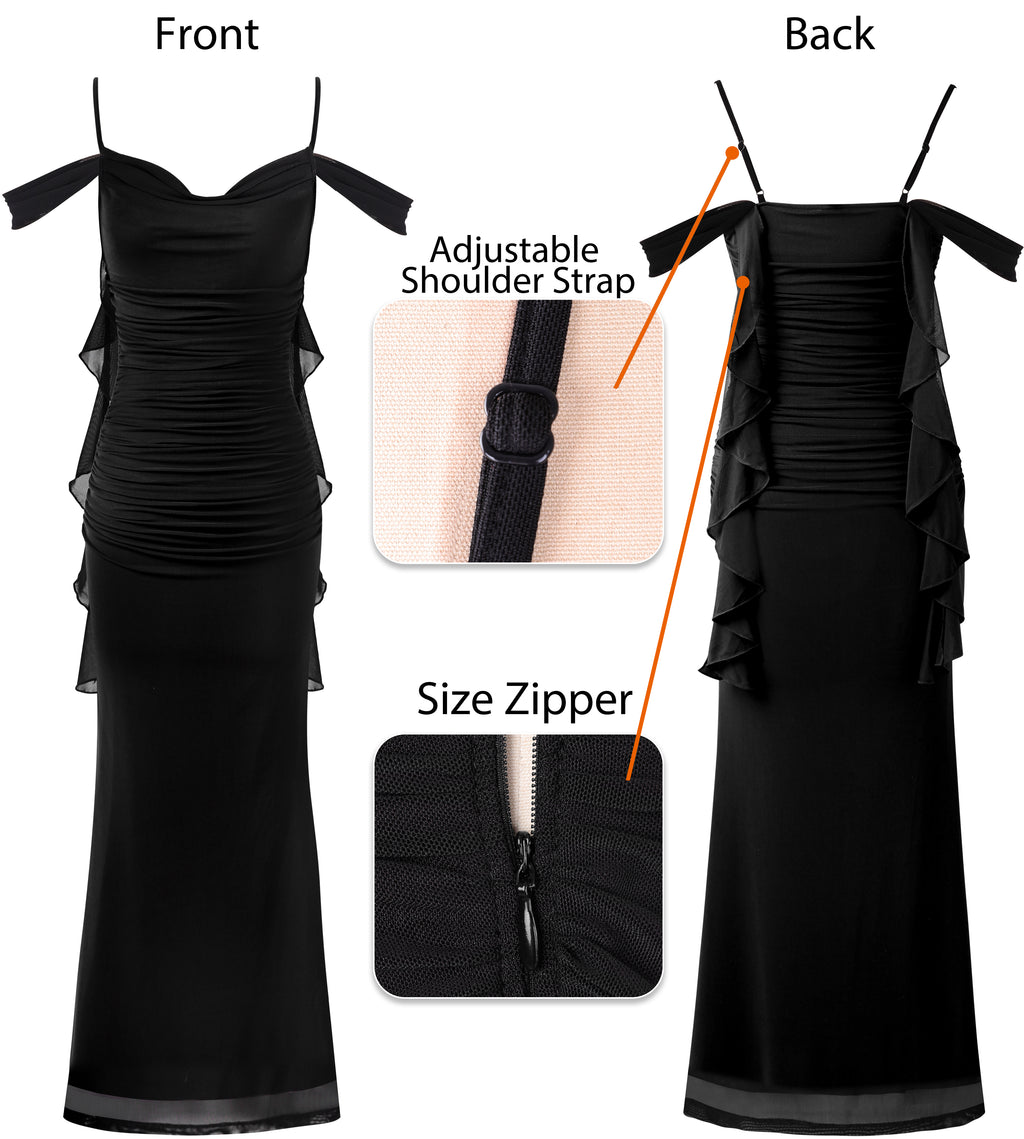 VFSHOW Womens Floral Cowl Neck Ruffle Wedding Guest Mermaid Maxi Dress | Adjustable Spaghetti Straps, Off Shoulder, Backless, Printed Mesh, Slim Bodycon, Cocktail Parties, Semi-Formal, Cruise Dinner