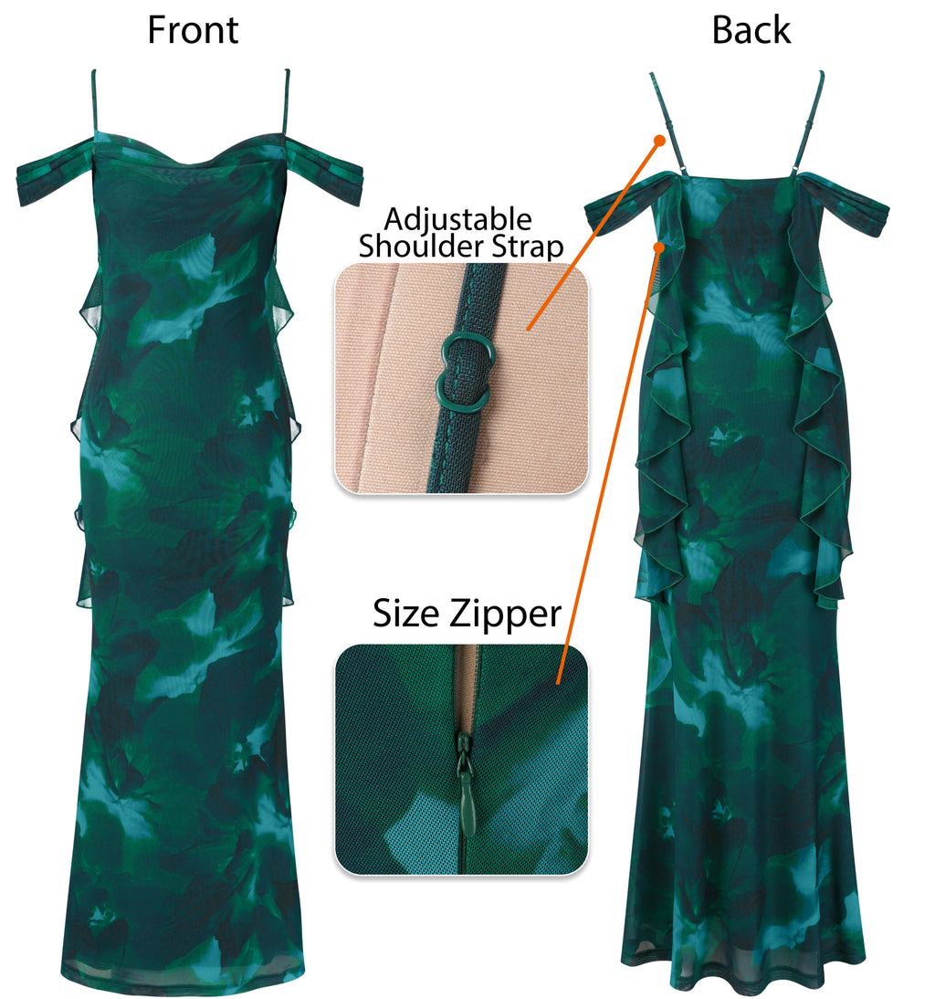 VFSHOW Womens Floral Cowl Neck Ruffle Wedding Guest Mermaid Maxi Dress | Adjustable Spaghetti Straps, Off Shoulder, Backless, Printed Mesh, Slim Bodycon, Cocktail Parties, Semi-Formal, Cruise Dinner