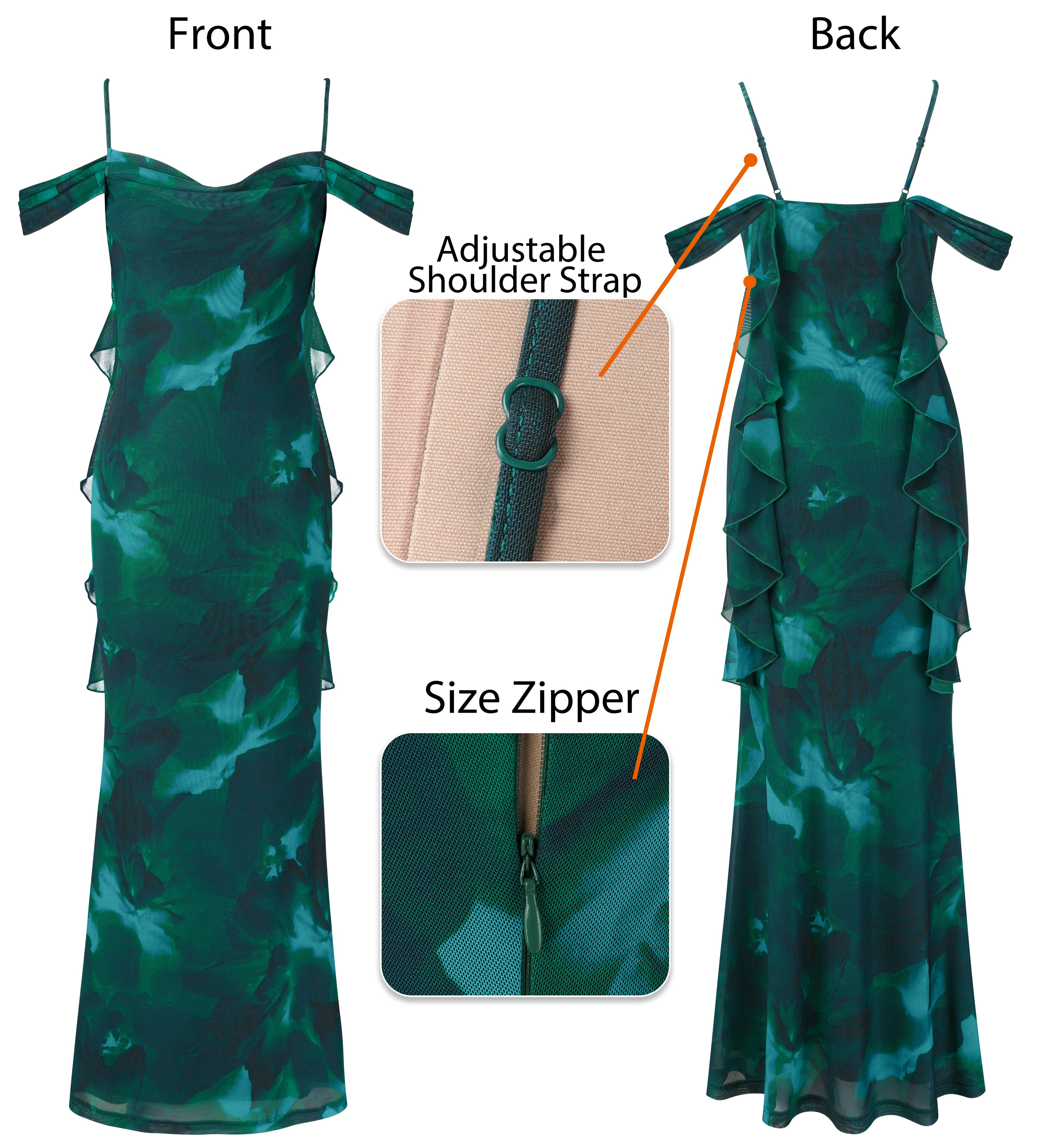 VFSHOW Womens Floral Cowl Neck Ruffle Wedding Guest Mermaid Maxi Dress | Adjustable Spaghetti Straps, Off Shoulder, Backless, Printed Mesh, Slim Bodycon, Cocktail Parties, Semi-Formal, Cruise Dinner