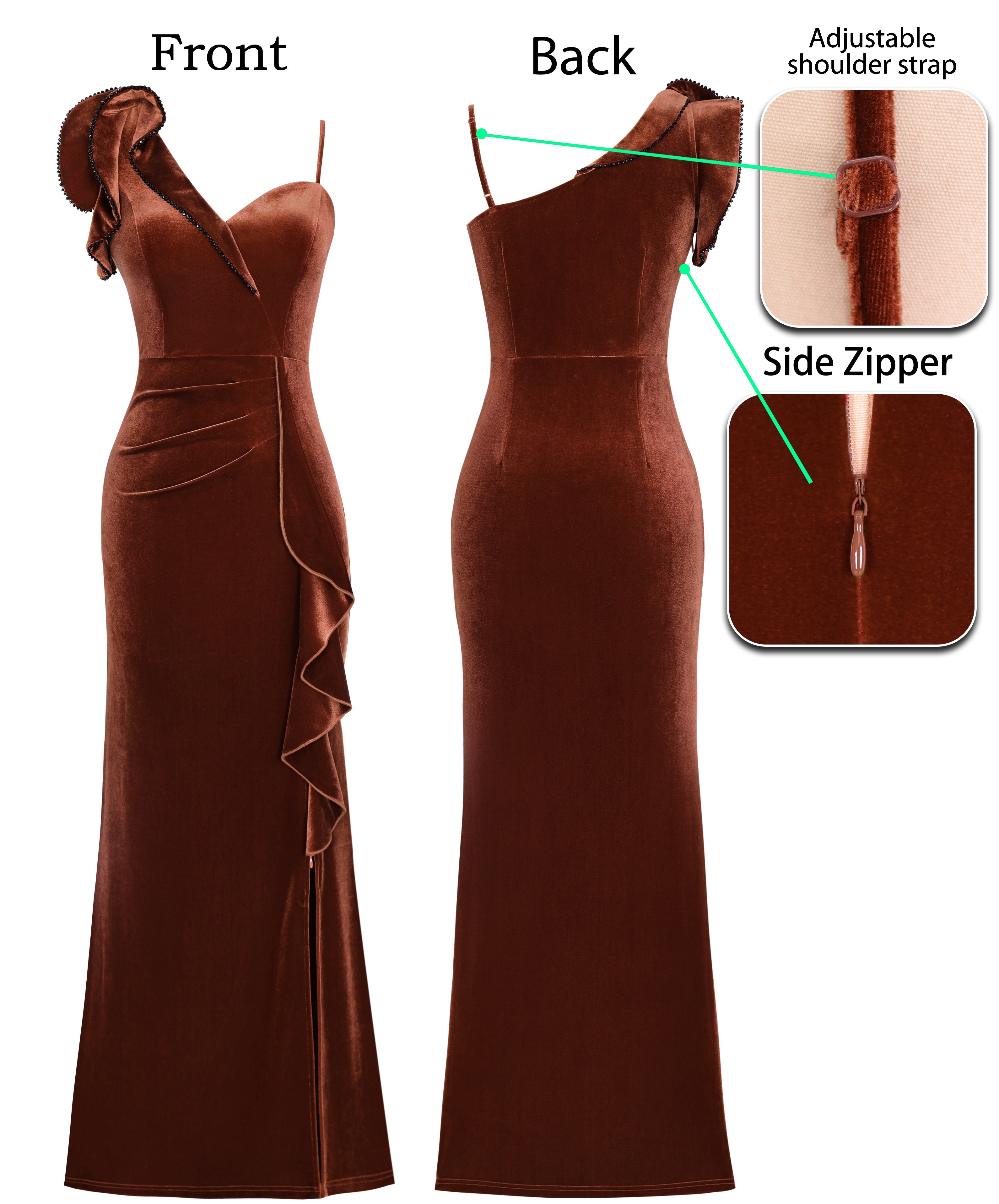 VFSHOW Womens Formal Prom Elegant Ruffle One Shoulder Beaded Strap Ruched Slit Maxi Dress Wedding Evening Long Gown