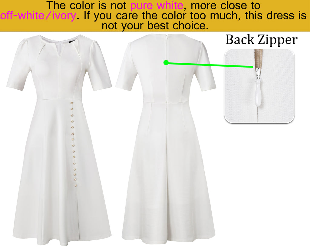 VFSHOW Women Pleated Notch V Neck Pockets Buttons Work Office Business A-Line Midi Dress
