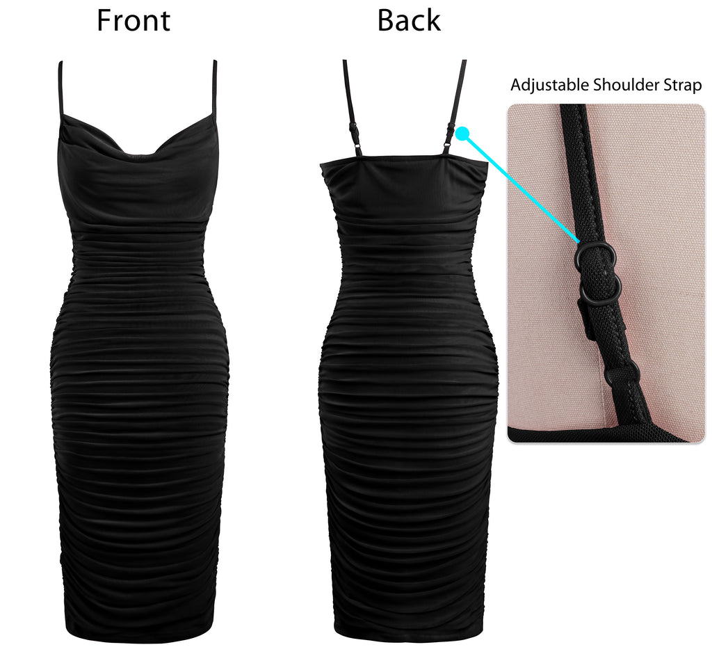 VFSHOW Womens 2025 Spaghetti Strap Ruched Bodycon Cocktail Dress Sexy Cowl Neck Backless Fitted Wedding Guest Party Dresses