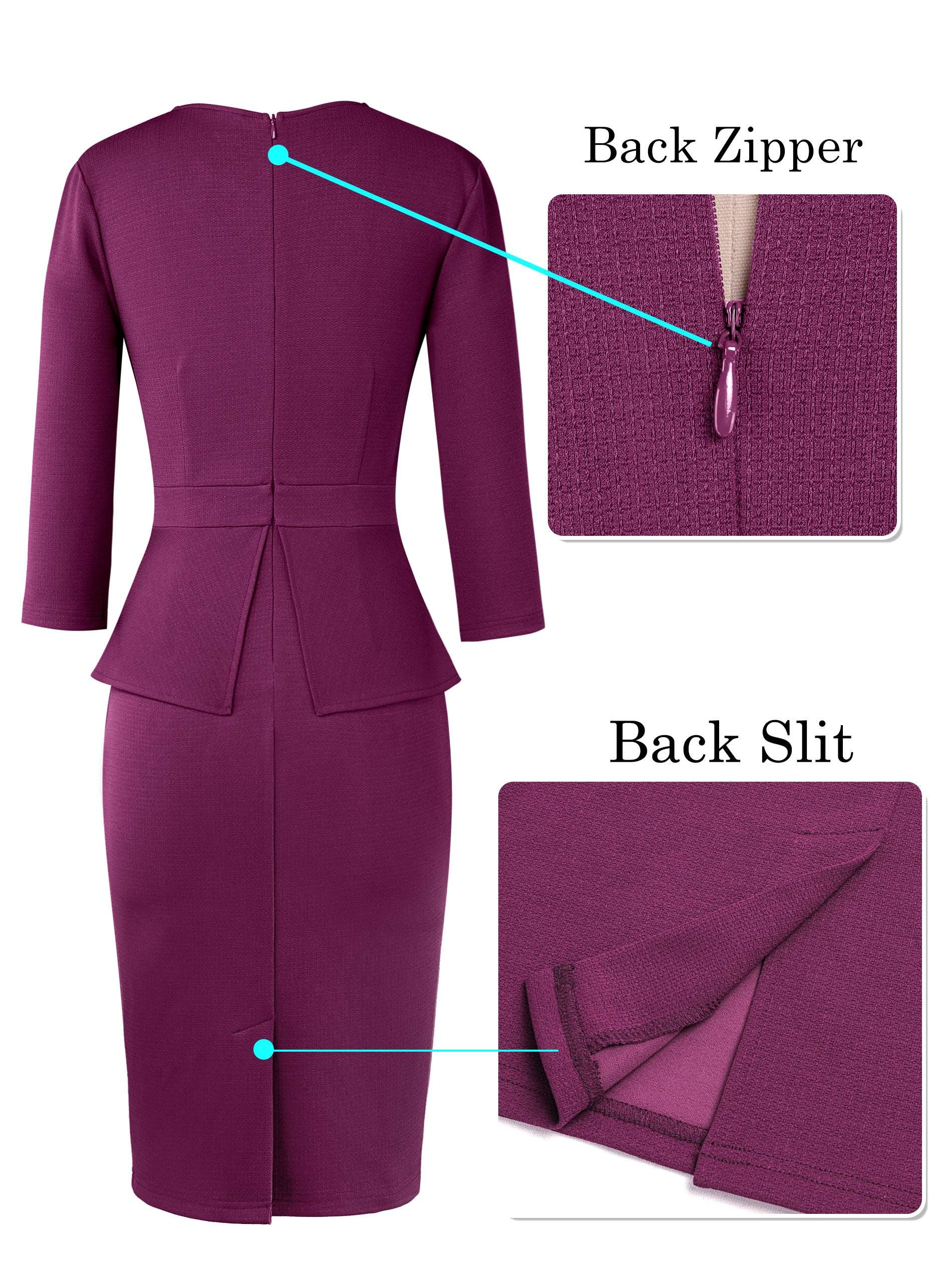 VFSHOW Womens Pleated Crew Neck Peplum Work Business Office Bodycon Pencil Sheath Dress