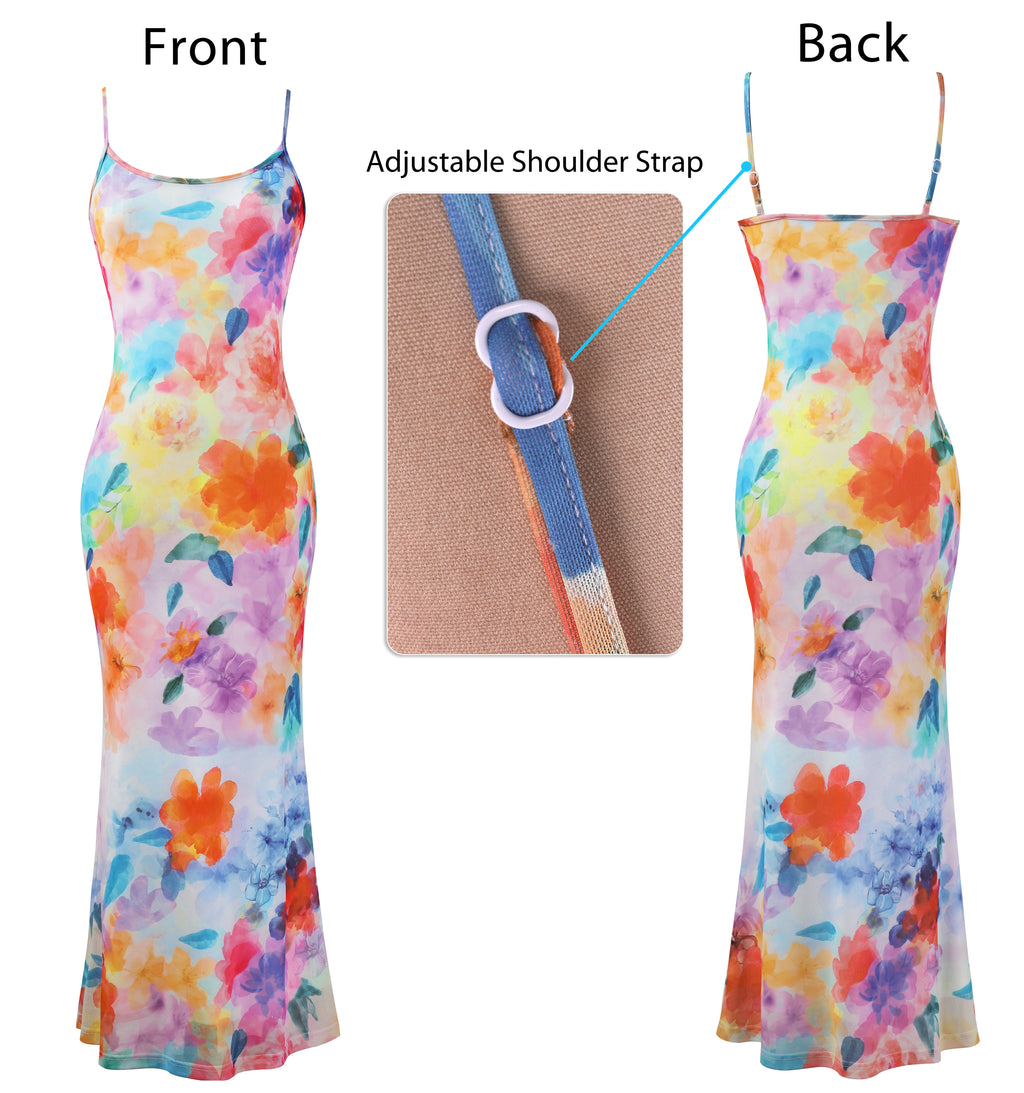 VFSHOW Womens Spaghetti Strap Wedding Guest Cocktail Bodycon Maxi Dress | Sexy Floral Printed Mesh, 2026 Summer Casual Beach Vacation, Date Night Party Slip Long Dresses