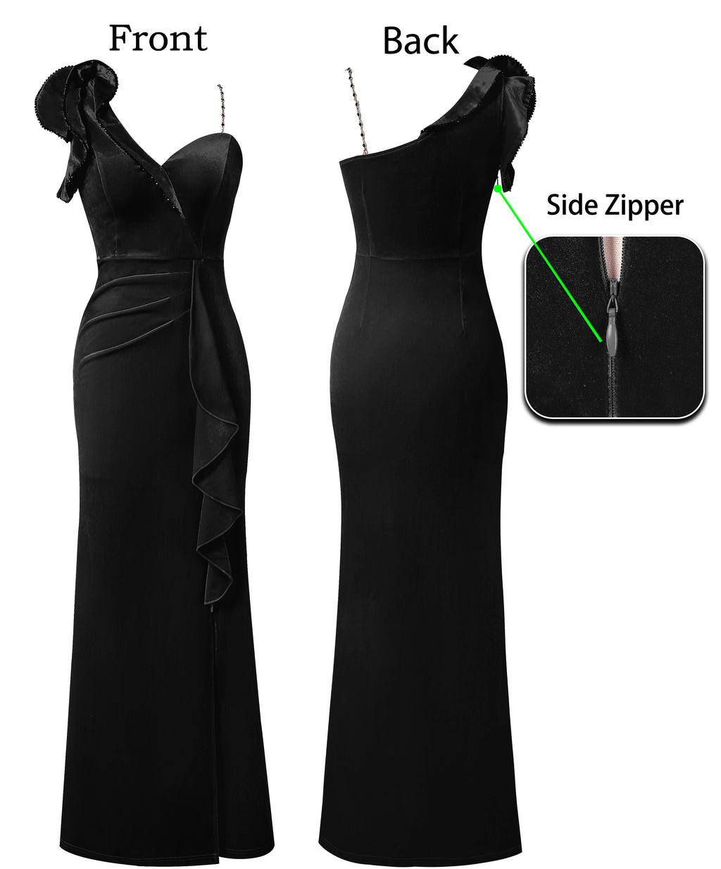 VFSHOW Womens Formal Prom Elegant Ruffle One Shoulder Beaded Strap Ruched Slit Maxi Dress Wedding Evening Long Gown
