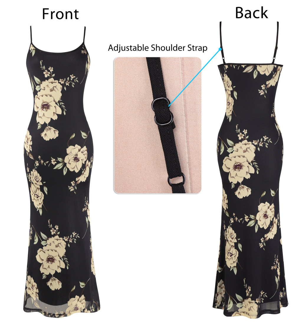 VFSHOW Womens Spaghetti Strap Wedding Guest Cocktail Bodycon Maxi Dress | Sexy Floral Printed Mesh, 2026 Summer Casual Beach Vacation, Date Night Party Slip Long Dresses